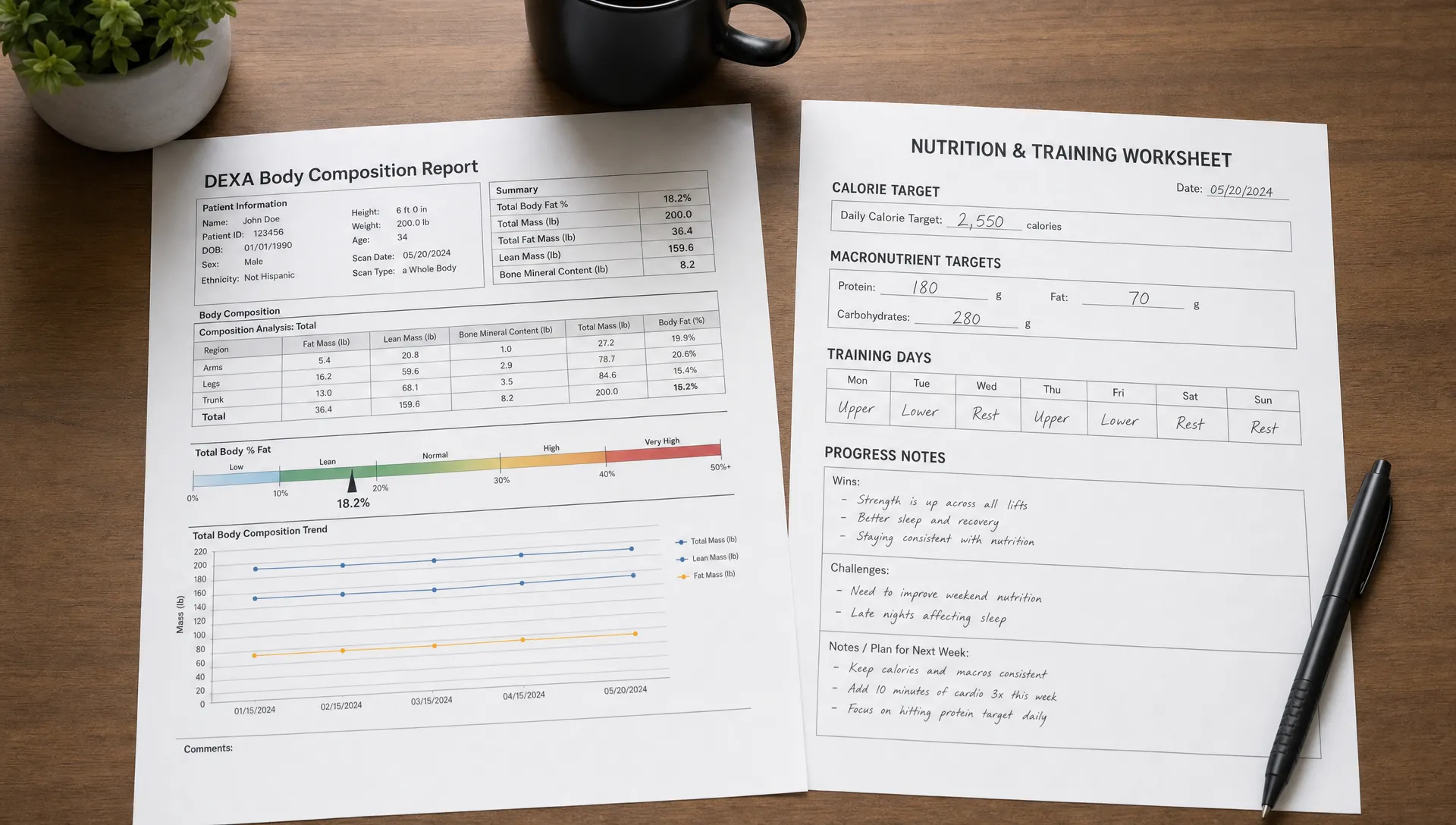 A DEXA body composition report sits beside a nutrition worksheet for calories, protein, training days, and progress notes.