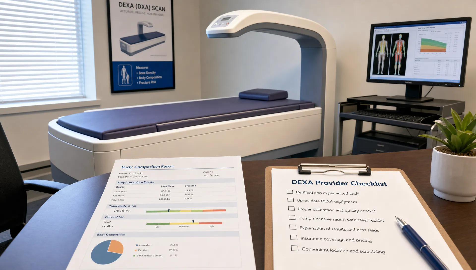 A DEXA consultation room shows the scanner, a printed body composition report, and a clipboard checklist for choosing a provider.