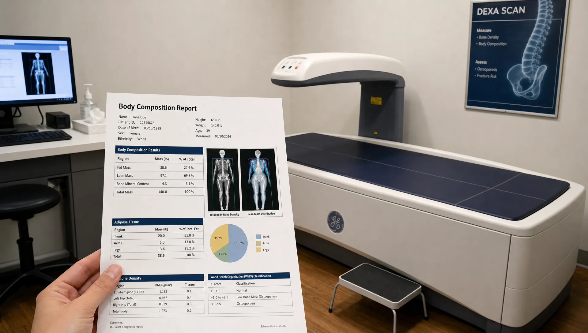 A DEXA scan room shows the table and a printed body composition report with fat mass, lean mass, and bone metrics.
