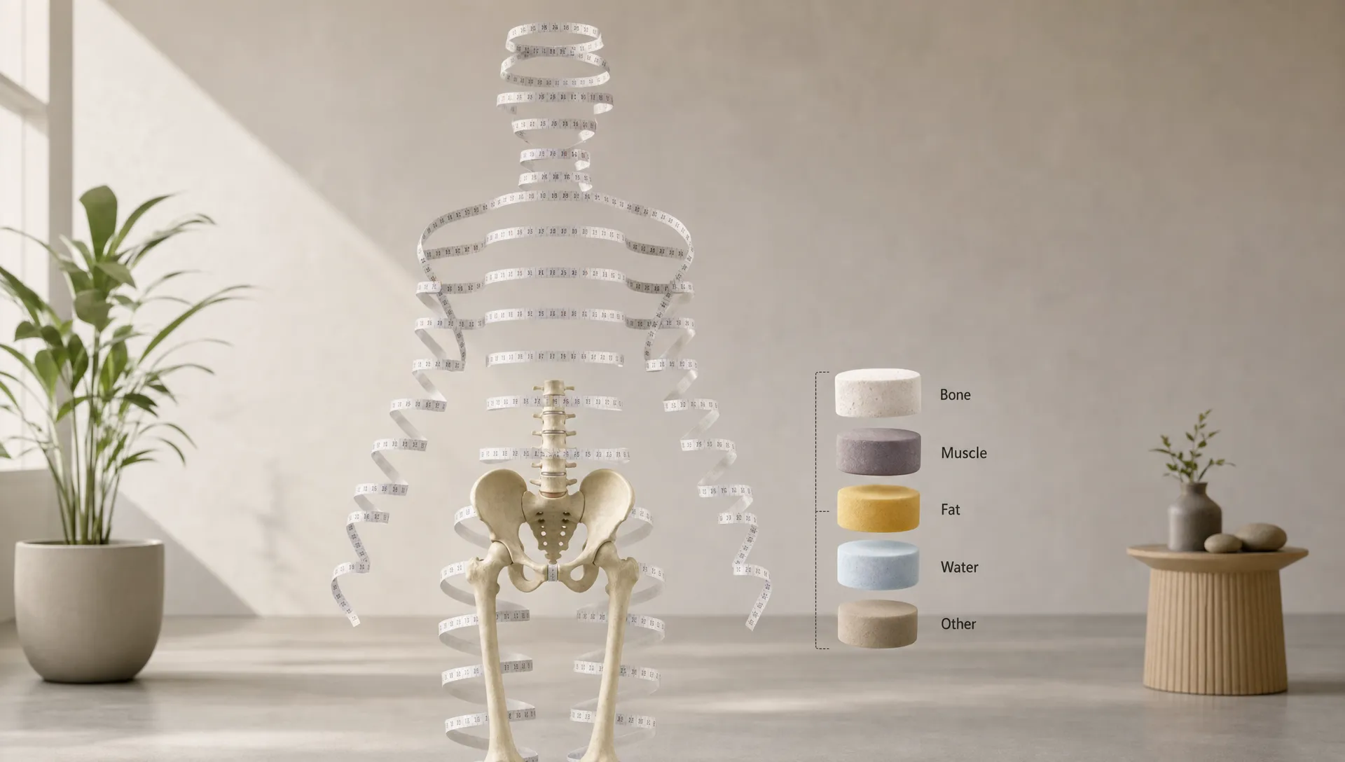 Landscape conceptual scene of a simple body silhouette made from measurement bands, with the lower spine, hips, and femur highlighted as the focus and a small comparison scale beside it; the composition emphasizes bone health as one part of body composition in a spacious neutral setting.
