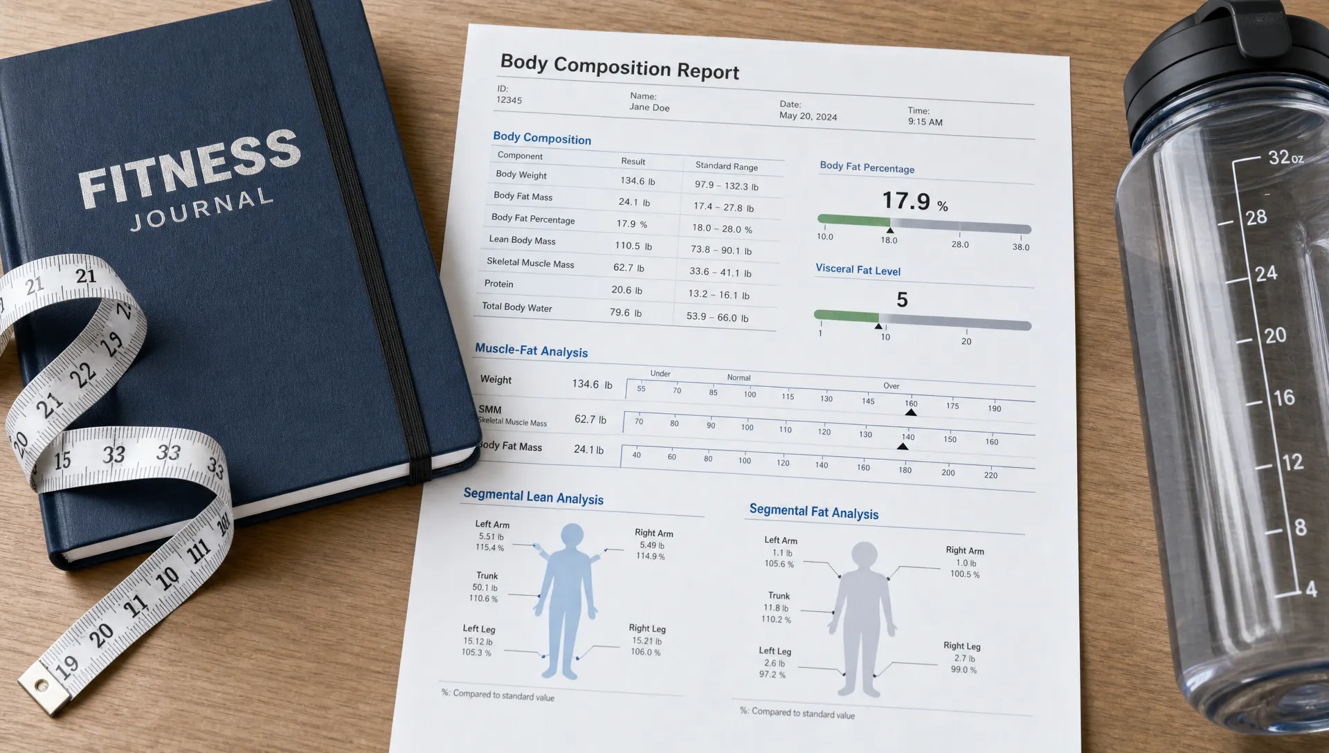 A fitness journal, measuring tape, and water bottle sit beside a body composition report showing body fat, lean mass, and regional muscle data.
