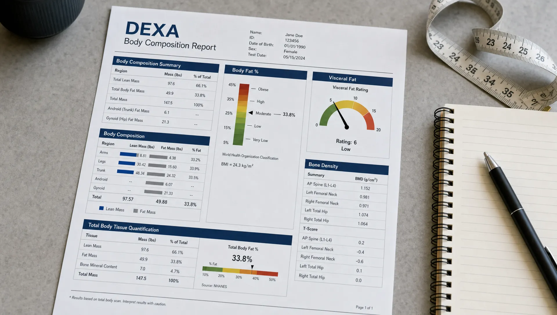 A DEXA body composition report sits beside a measuring tape and notebook, with sections for lean mass, body fat, visceral fat, and bone density visible.