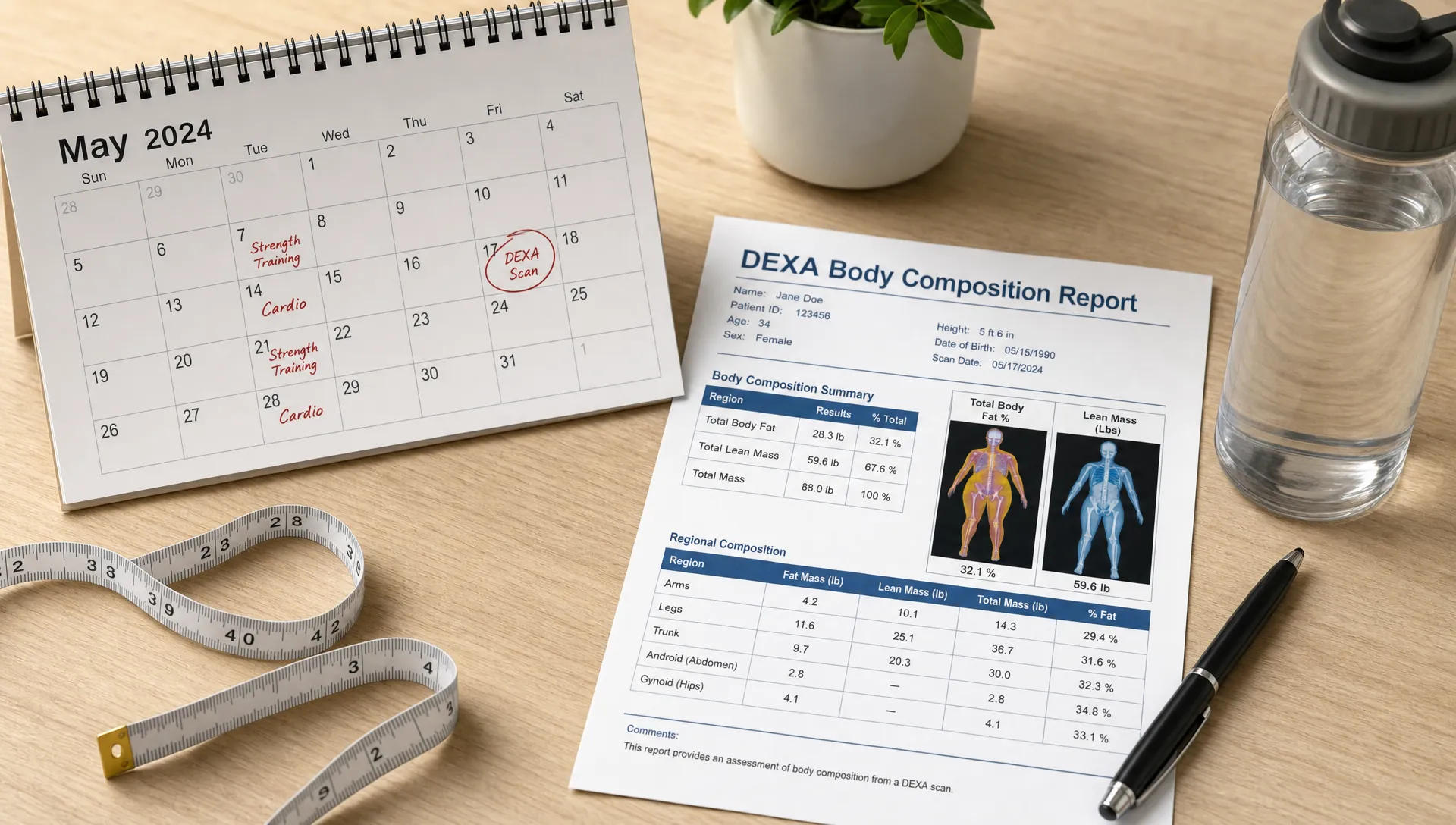 A marked calendar sits beside a DEXA body composition report, measuring tape, and water bottle on a desk.