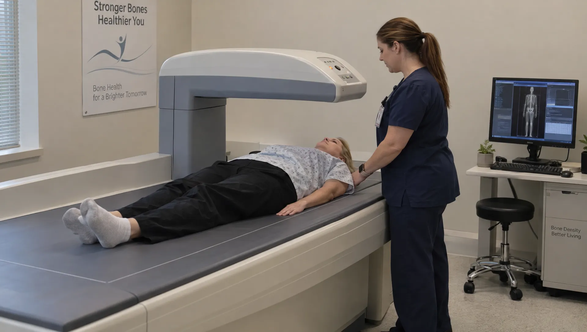 An adult lies still on the open DEXA table as an operator checks their position beneath the scanning arm.