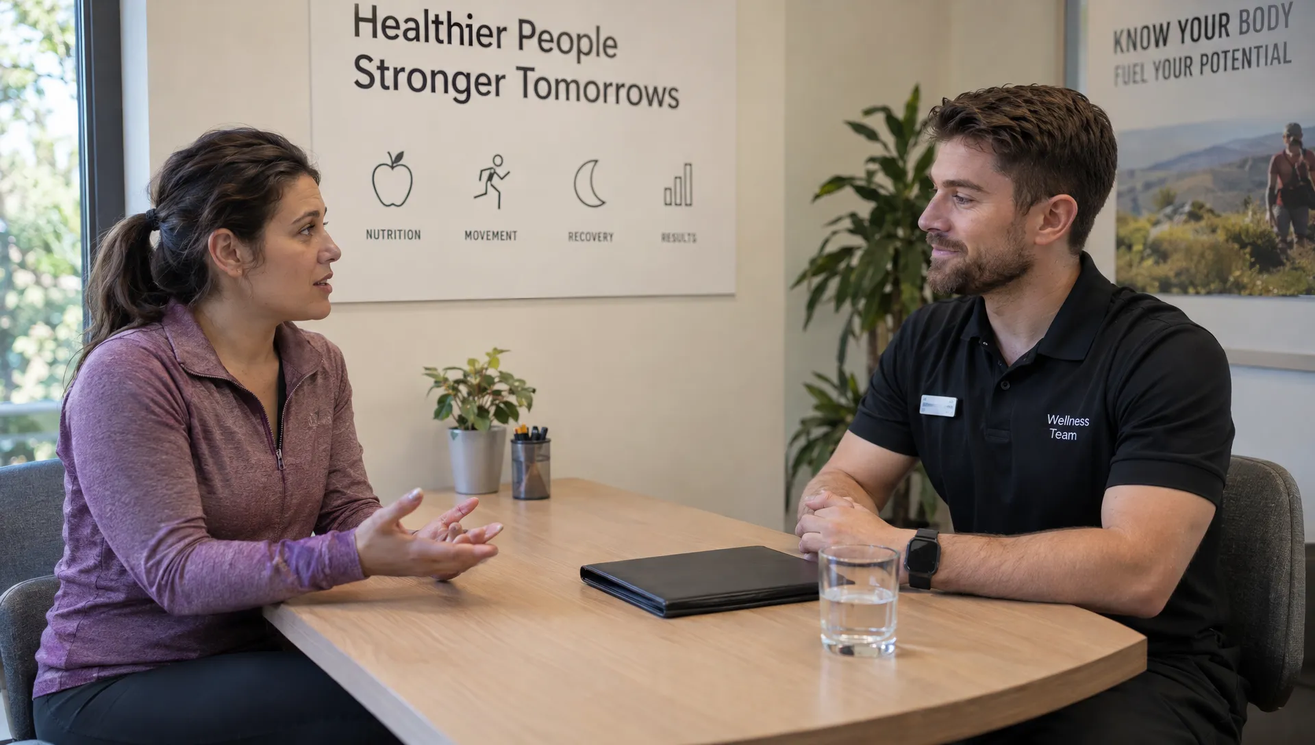 Landscape medium eye-level scene in a consultation area: an adult seated across from a staff member asks a question while the staff member listens, with a closed folder and water glass between them. Show both people fully from the waist up and the natural conversation in progress, centered on understanding what to expect from a body composition appointment.
