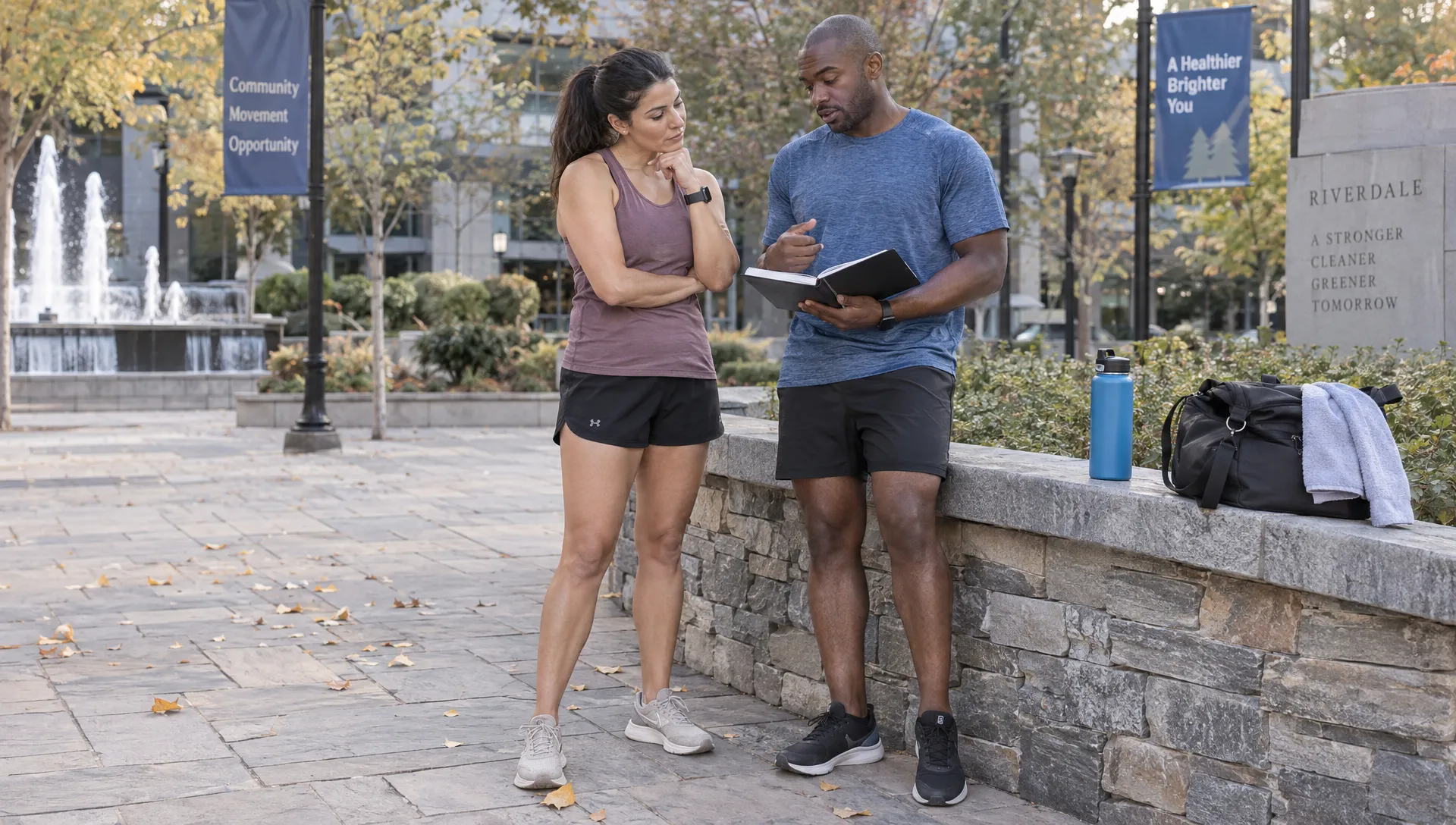 Landscape medium-wide scene in a quiet outdoor city plaza after exercise: two adult training partners pause beside a low stone wall, one explaining a workout log while the other listens and considers a recent change in training. Show both people fully, with their walking route and everyday athletic gear around them; make the moment about weighing progress before changing a plan.