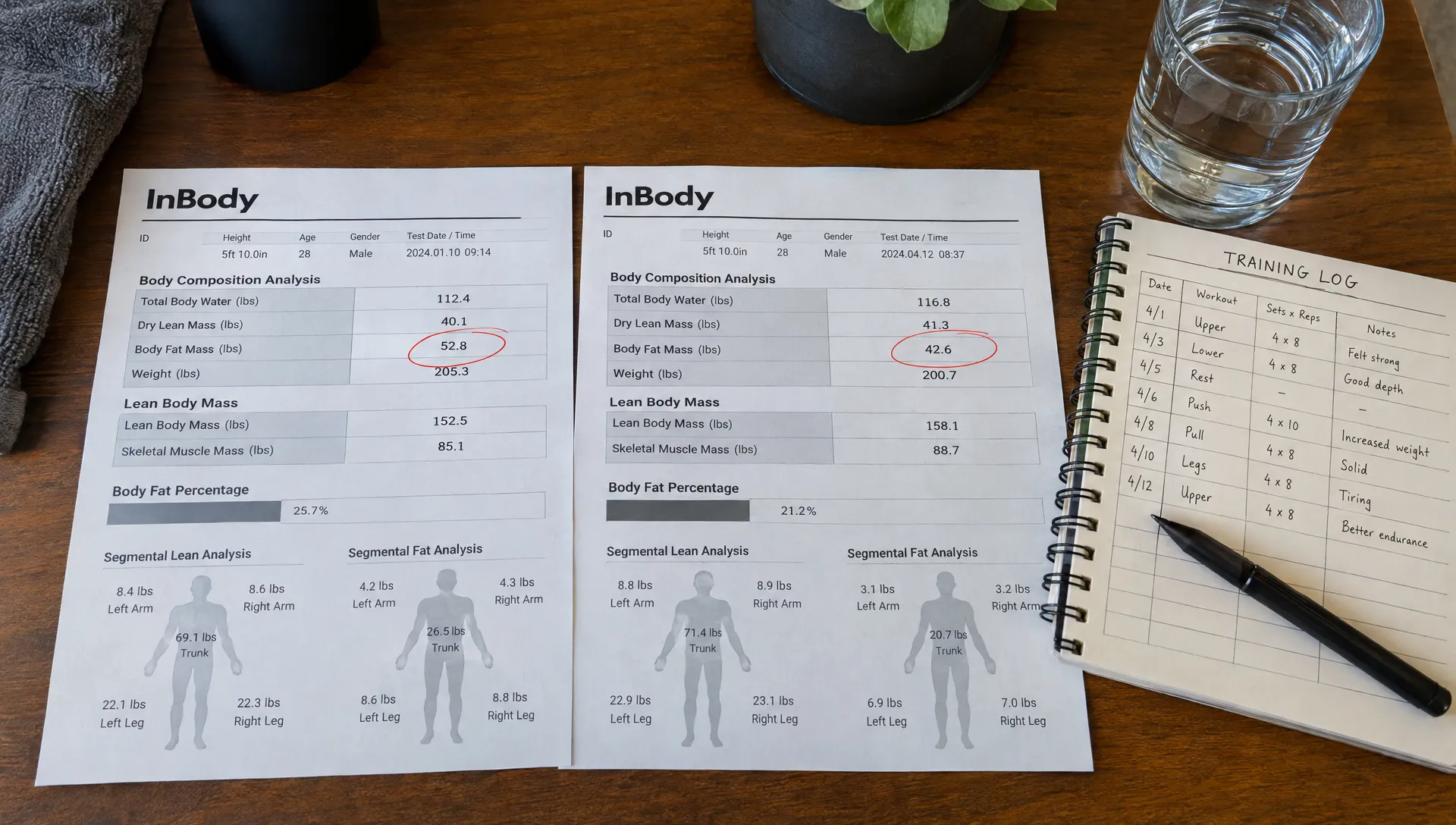 Two body scan reports are compared on a table beside a training log and water glass, with the fat mass and lean tissue columns marked for review.