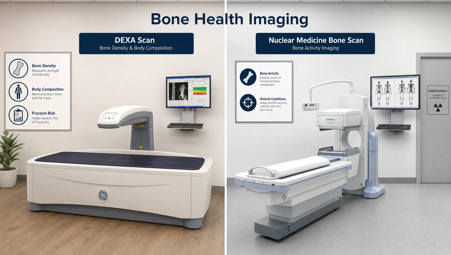 A clean medical imaging room split between a DEXA scan table and a nuclear medicine bone scan setup, with simple labeled icons for bone density, body composition, and bone activity.