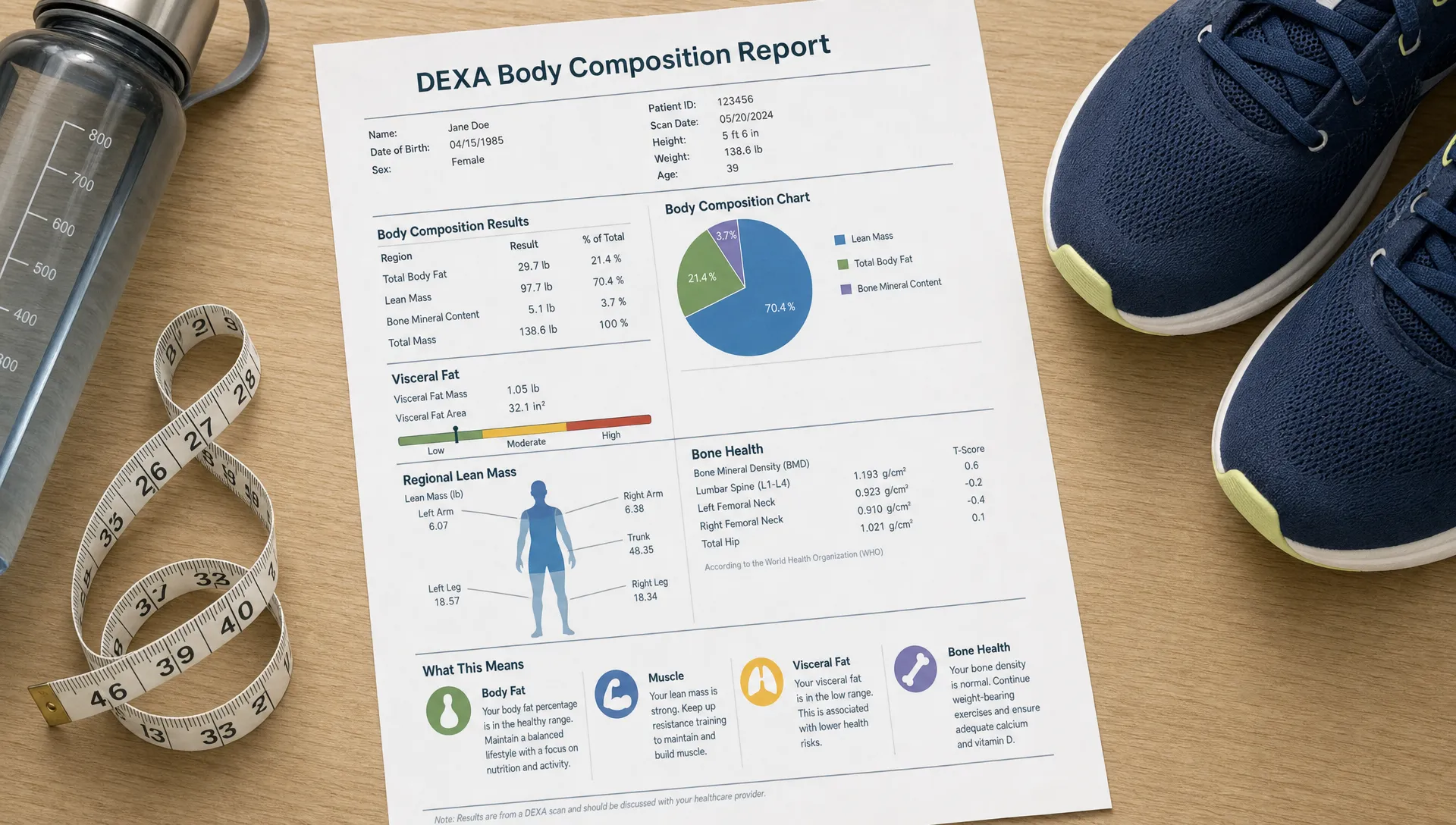 A printed body composition report on a desk beside a measuring tape, running shoes, and a water bottle, showing how DEXA body results connect fat, muscle, visceral fat, and bone health.