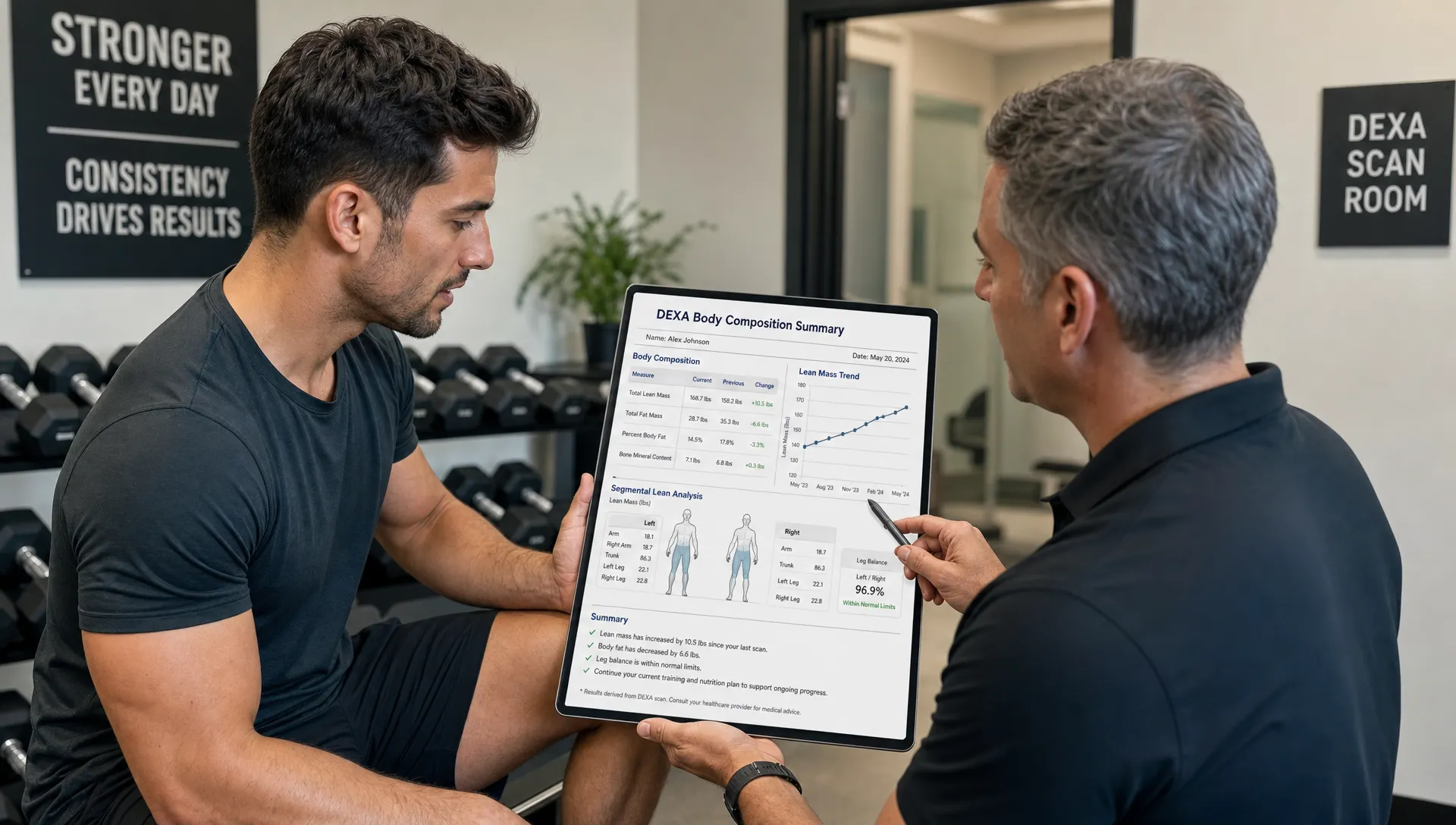 A wide indoor training-and-assessment scene showing a strength trainee in workout clothes reviewing a DEXA body composition summary on a tablet or printed report with a clinician, while a dumbbell rack and a subtle scan-room doorway provide context in the background. The composition should emphasize muscle progress, lean mass trends, and left-right balance rather than a scan table, with the report as the focal element and a clean clinical atmosphere.