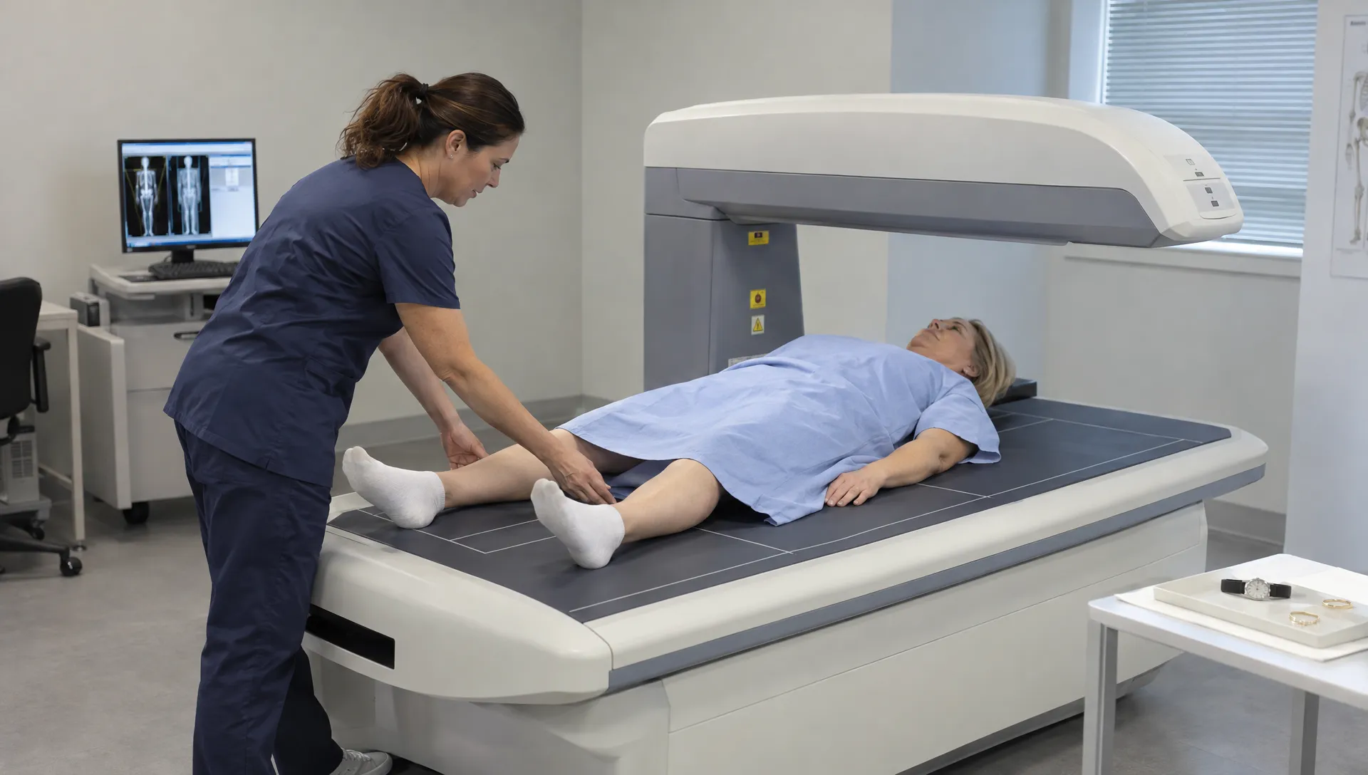 An adult DEXA technician checks the client's arm and leg placement beside the whole-body scanner, with limbs separated and removable metal objects set aside.