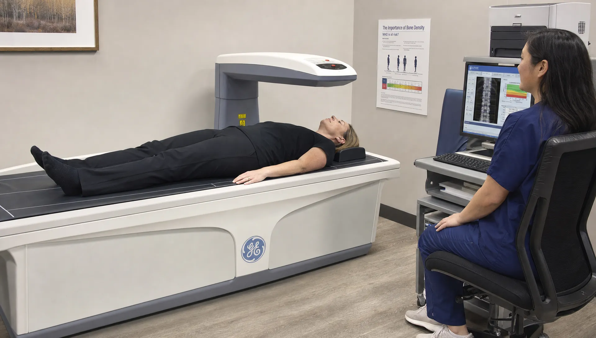 A person lying still on a DEXA scan table while a scanning arm passes above them in a clean clinical room, with a technician nearby reviewing the scan setup.
