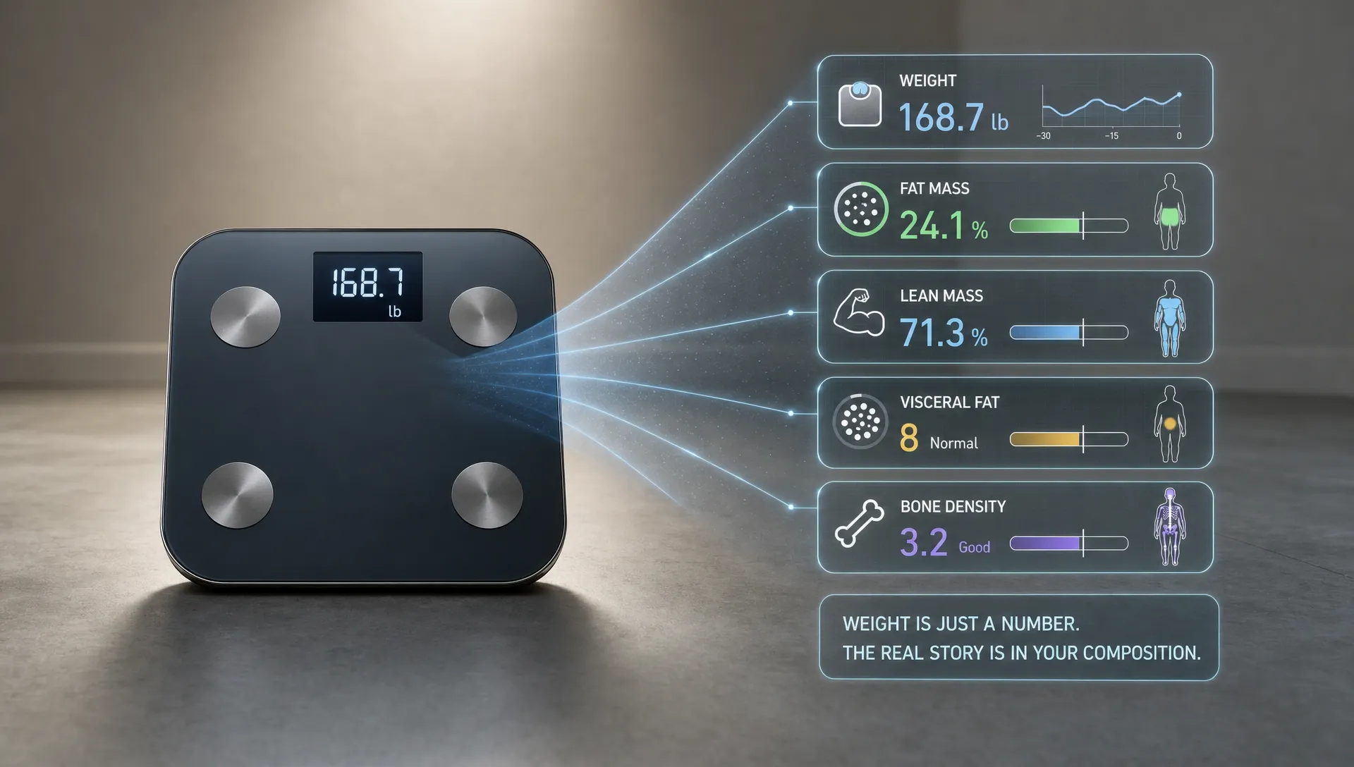 A single scale standing on a neutral studio floor with a digital readout that fades into layered body composition indicators around it, such as fat mass, lean mass, visceral fat, and bone density markers, suggesting that body weight alone can hide the real story. No people in frame. The composition should feel conceptual and explanatory, with the scale as the clear hero element in a spacious setting.