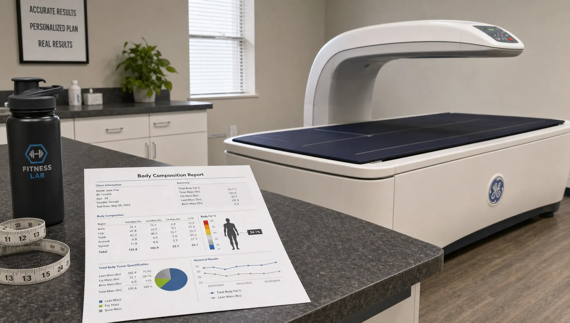 A clean fitness assessment room with a DEXA scanning table, a body composition report on a counter, a tape measure, and a water bottle nearby.