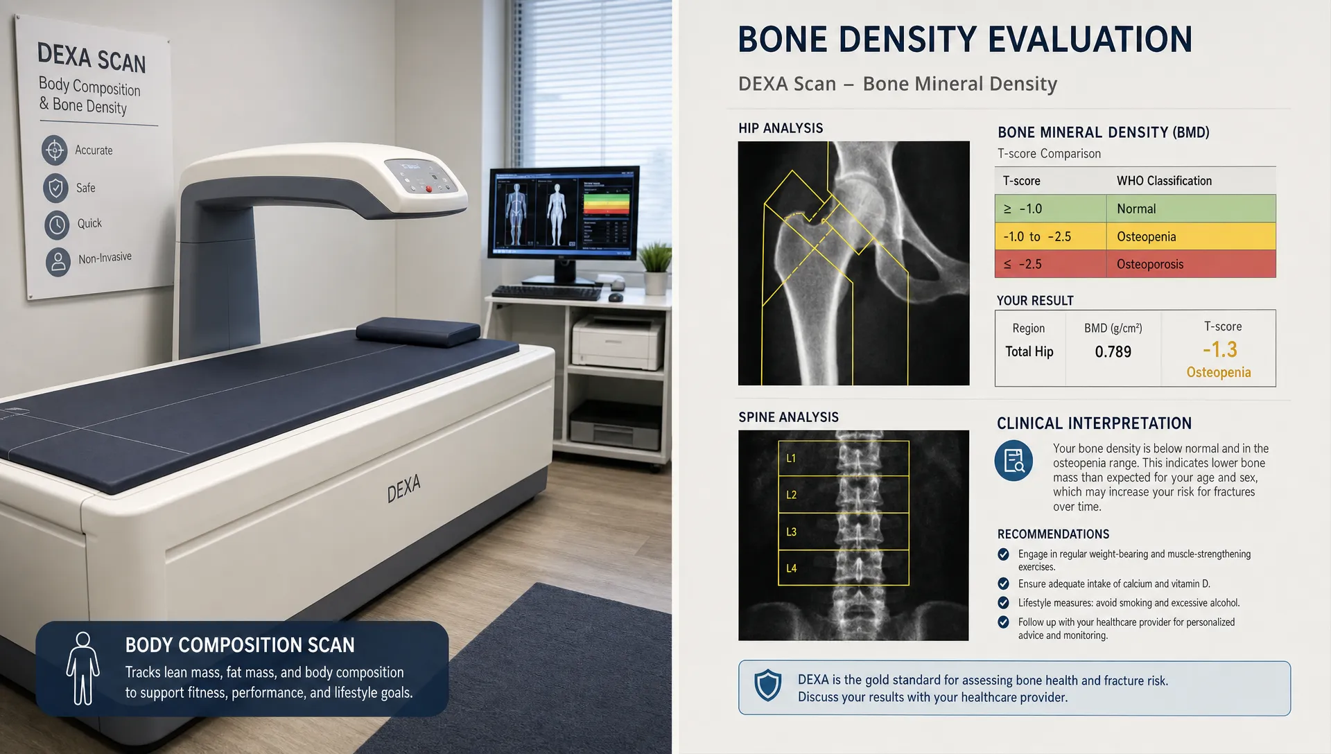 A split conceptual scene showing a fitness-focused body composition scan on one side and a medical bone density evaluation on the other: a DEXA scanning table and scanner arm in a clean clinic room on the left, and a simple hip-and-spine bone density chart with medical interpretation notes on a neutral background on the right. No people in frame. The composition should clearly contrast body composition tracking with clinical bone health assessment, while keeping the two ideas visually connected in one landscape image.