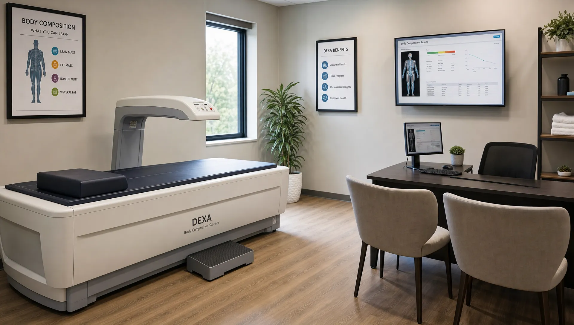 A clean clinical room with a DEXA scanning table, a calm setup for a body composition scan, and a nearby consultation area for reviewing health and fitness results.
