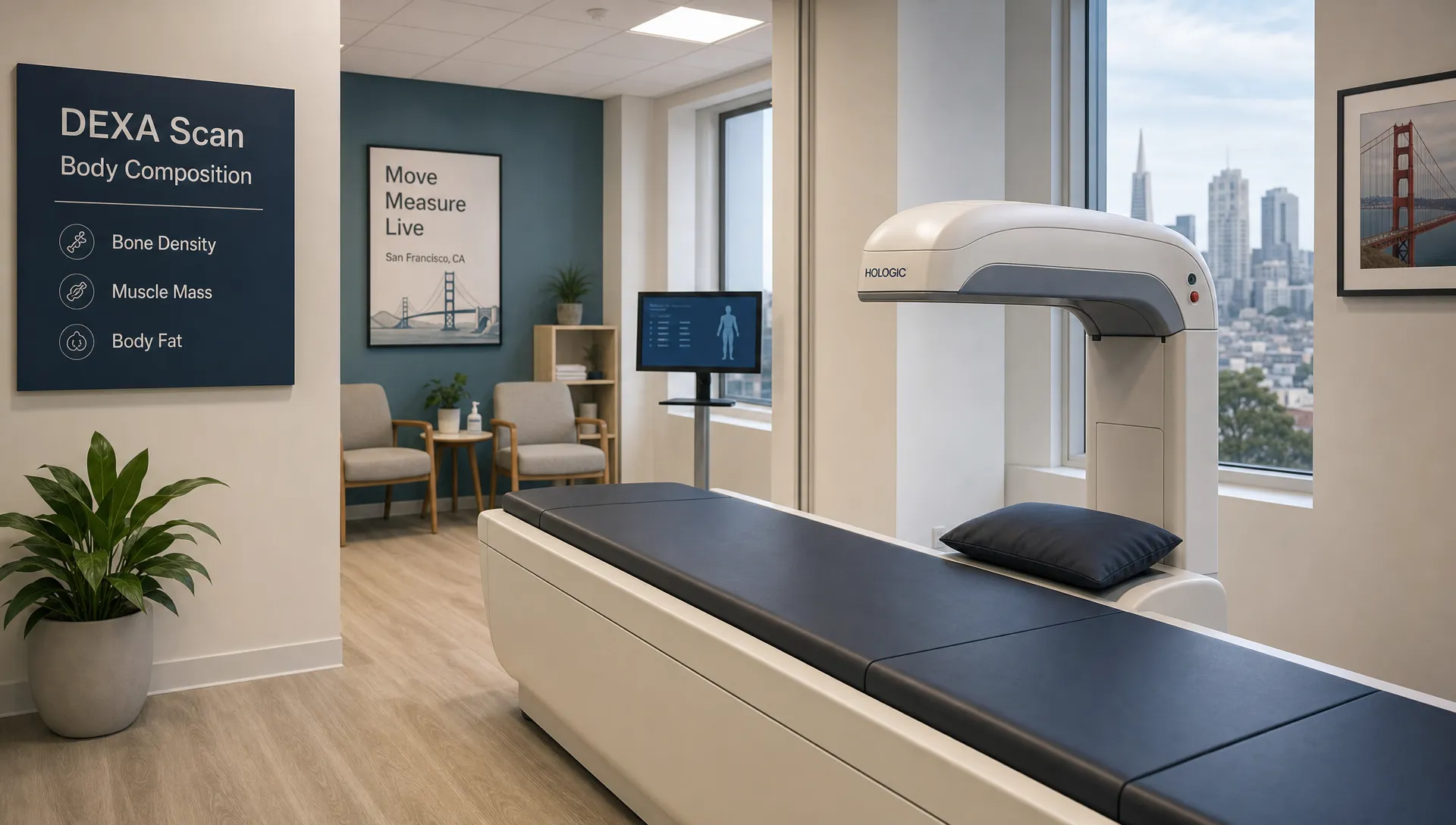 A quiet, modern DEXA scan room with the scanning table leading toward the camera, a wall-mounted scanner arm beside it, and a small consultation nook visible in the background with chairs, a monitor, and neat medical forms. No people in frame. The scene should clearly represent a body composition scan appointment in San Francisco and feel clinical, calm, and precise, without centering on a report or desk setup.