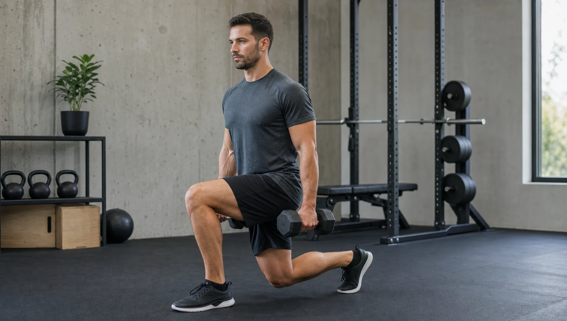 An adult performs a controlled dumbbell split squat in a training space, showing lower-body strength, posture and leg balance.