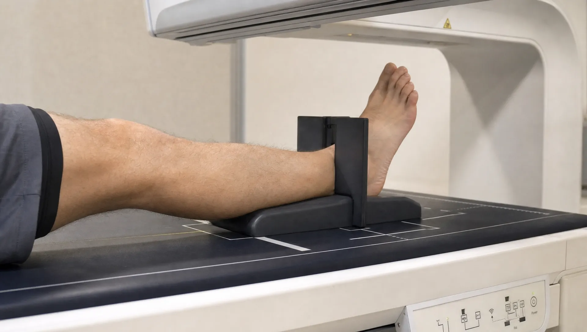 Landscape close-up of a patient’s lower leg and foot positioned on the DEXA scan table, with the table edge, alignment guides and part of the scanner arm visible nearby. The frame stays grounded in the scan environment and focuses on the regional measurement setup rather than a full room. Tight detail composition at table height with the leg as the hero element.