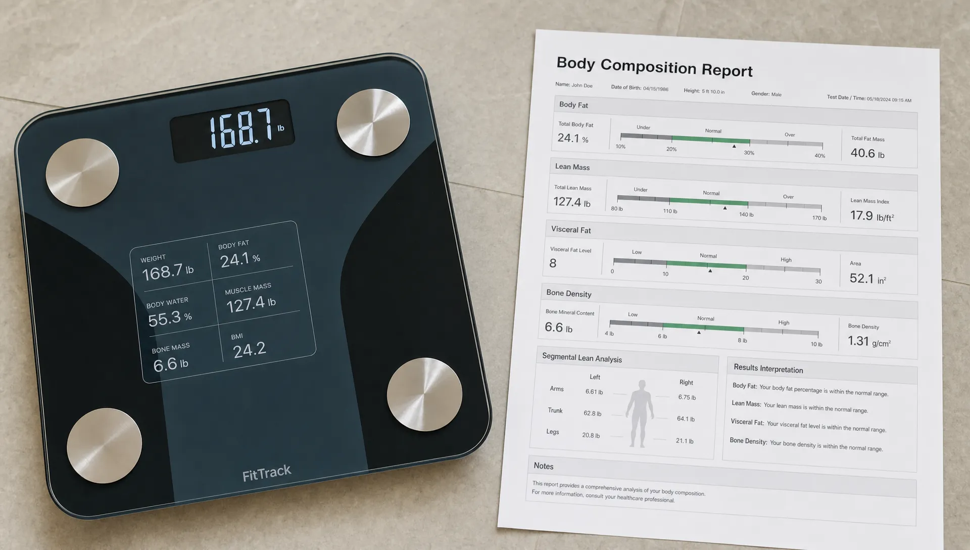 A bathroom smart scale beside a printed body composition report showing separate sections for body fat, lean mass, visceral fat, and bone density, illustrating the difference between a simple home estimate and a detailed scan result.