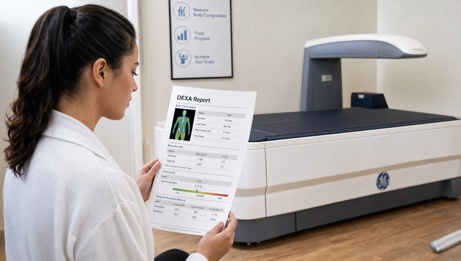 A first-time visitor reviews a DEXA report in the scan room with the table nearby, focused on body fat, lean mass, bone density, and visceral fat.