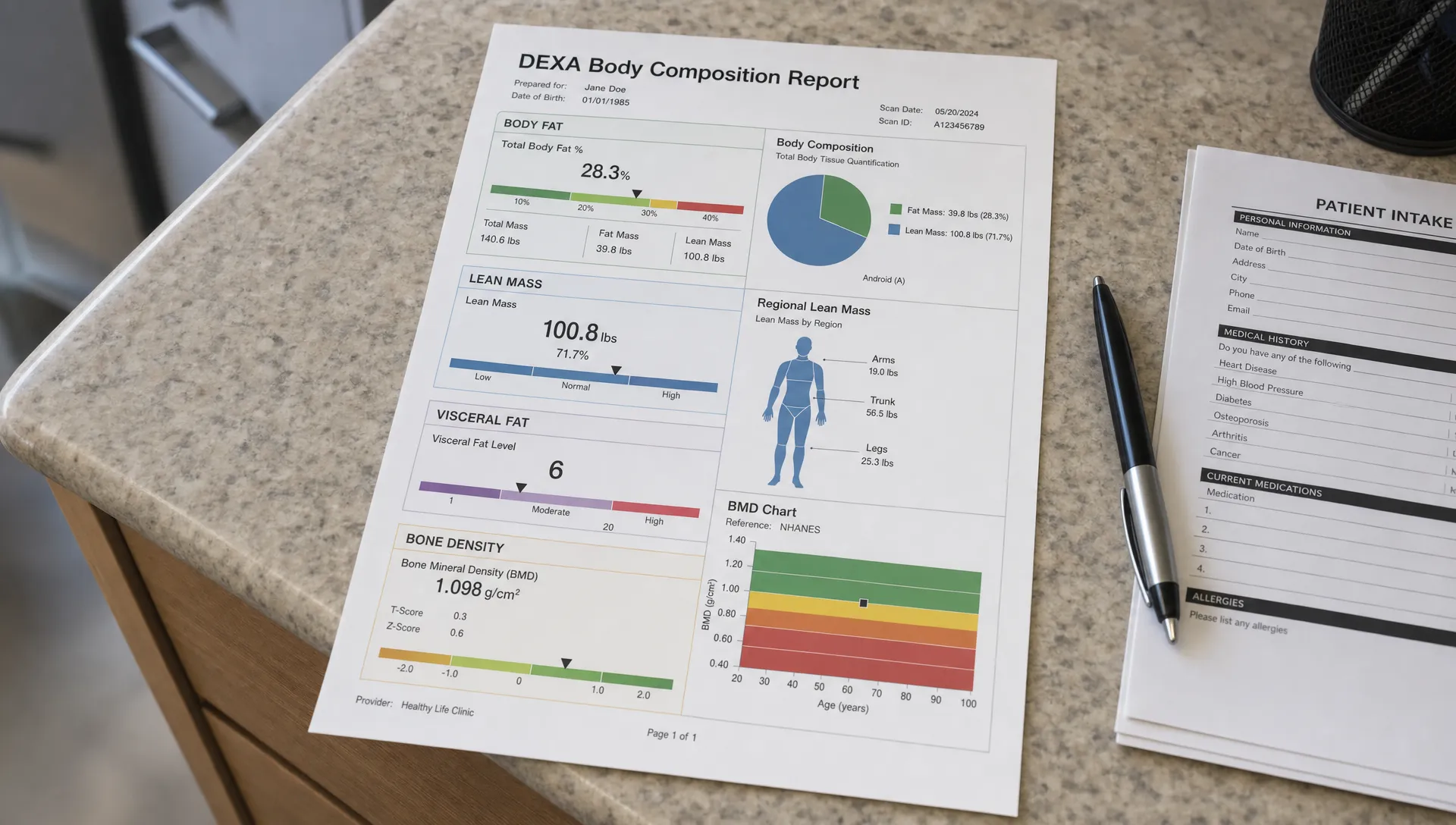 Landscape close-up of a printed DEXA body composition report spread across a clinic counter next to a pen and a folded intake sheet, with the body fat percentage, lean mass, visceral fat, and bone density sections visible. The counter edge and nearby paperwork should ground the report in a real results review setting, with the sheet as the clear focal element and no people in frame.