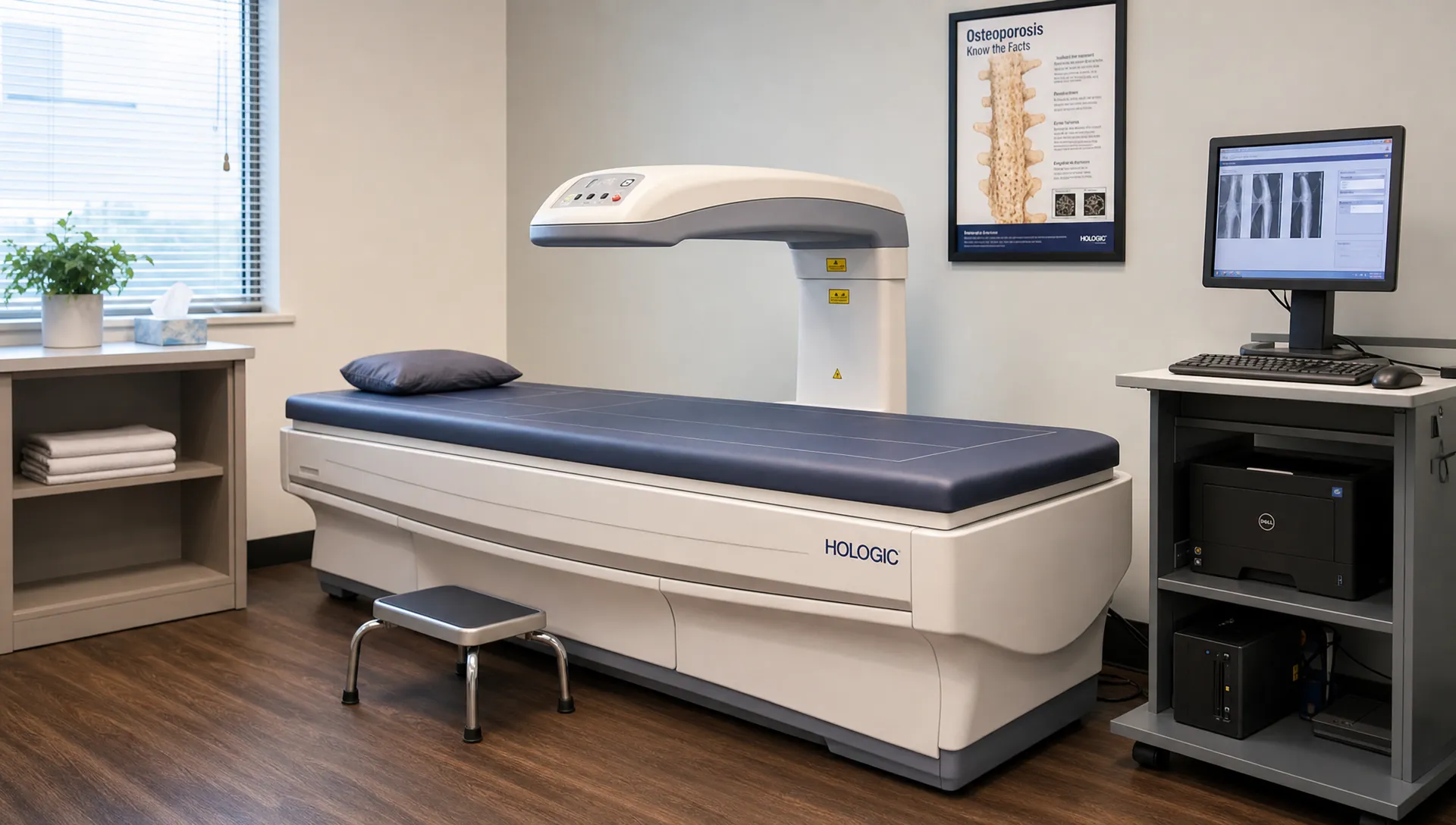 A calm DEXA scan room with a padded scanning table and overhead scanner arm, showing a clean clinical environment designed for quick bone density measurement.