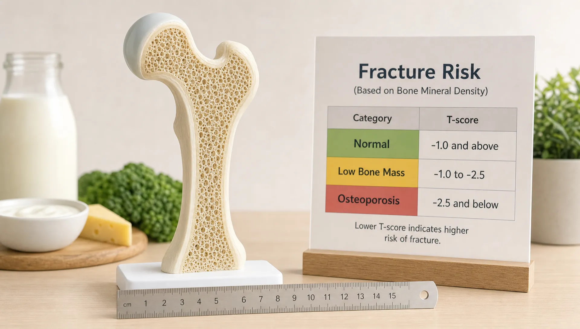 A symbolic scene of a healthy bone beside a simple measurement ruler and a subtle fracture-risk chart, arranged on a clean indoor surface with a small calcium-rich food accent in the background and no people in frame. The bone is the clear hero element, and the composition should feel educational and preventive, representing bone mineral density without showing a scan room.