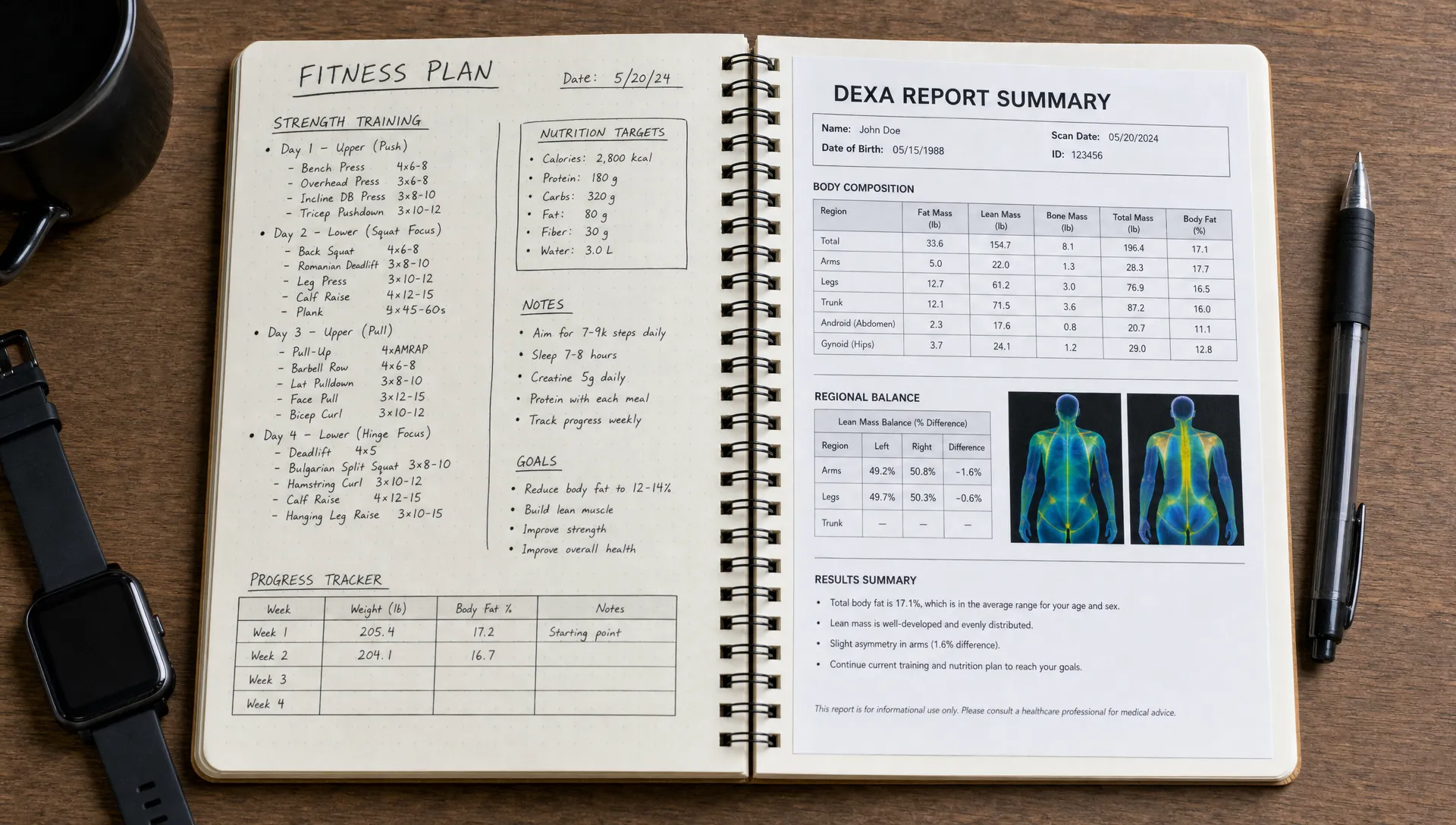 A fitness planner on a table with strength training notes, nutrition targets, and a DEXA report summary showing fat mass, lean mass, and regional balance.
