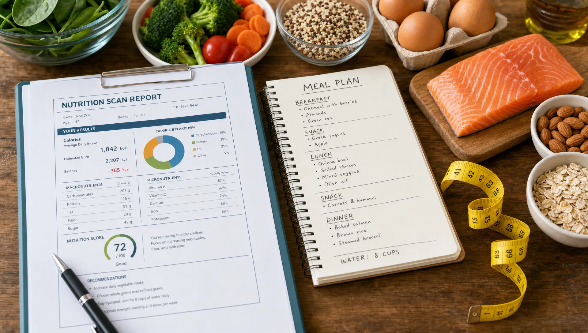 A nutrition scan report sits beside meal-planning notes, a tape measure, and foods like vegetables, whole grains, eggs, and salmon on a table.