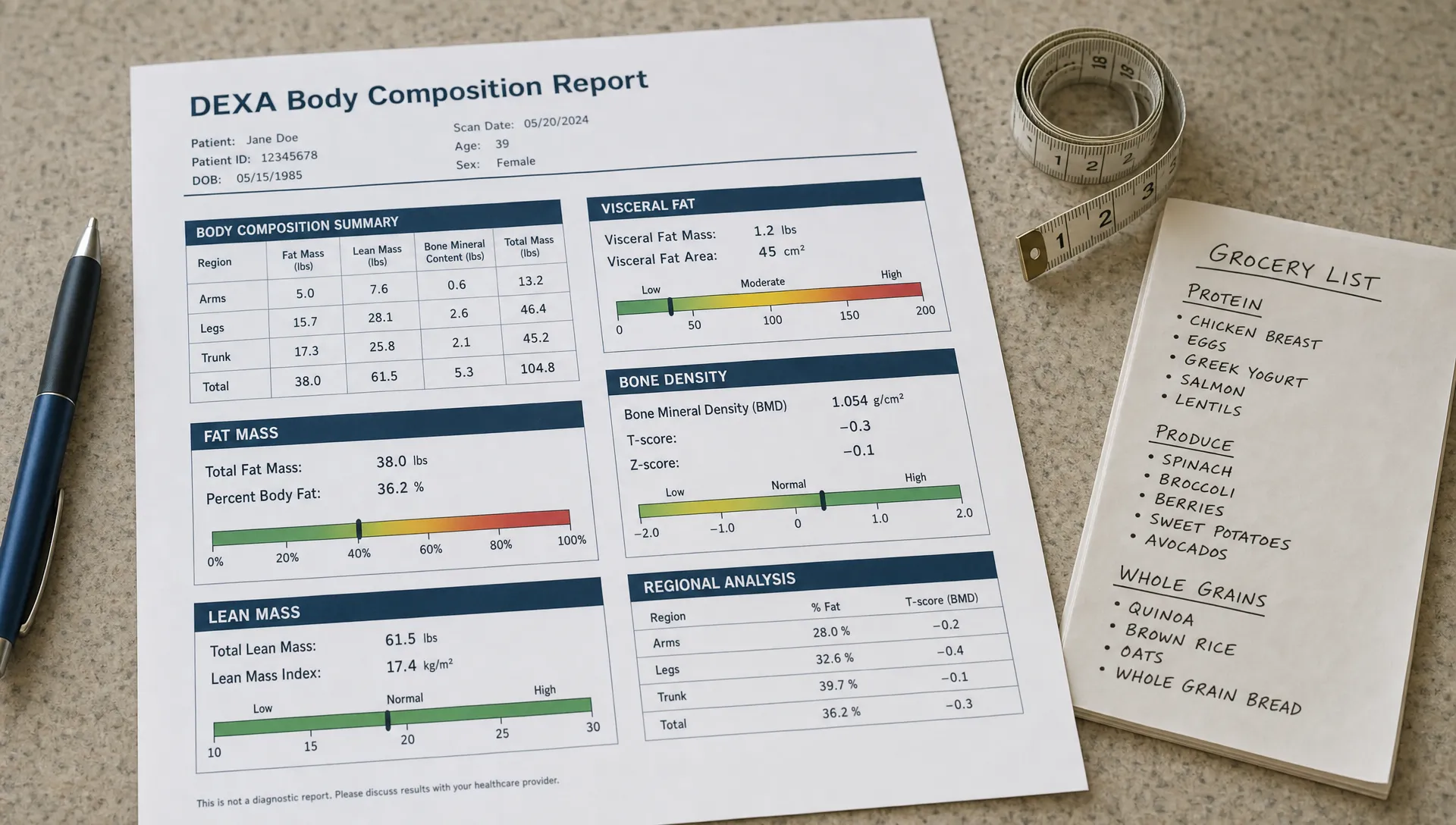 Landscape close-up of a DEXA body composition report spread across a clinic counter beside a pen, a tape measure, and a folded grocery list with protein, produce, and whole grains written on it. The visible report sections for fat mass, lean mass, visceral fat, and bone density make the measurement context clear in a real review setting.