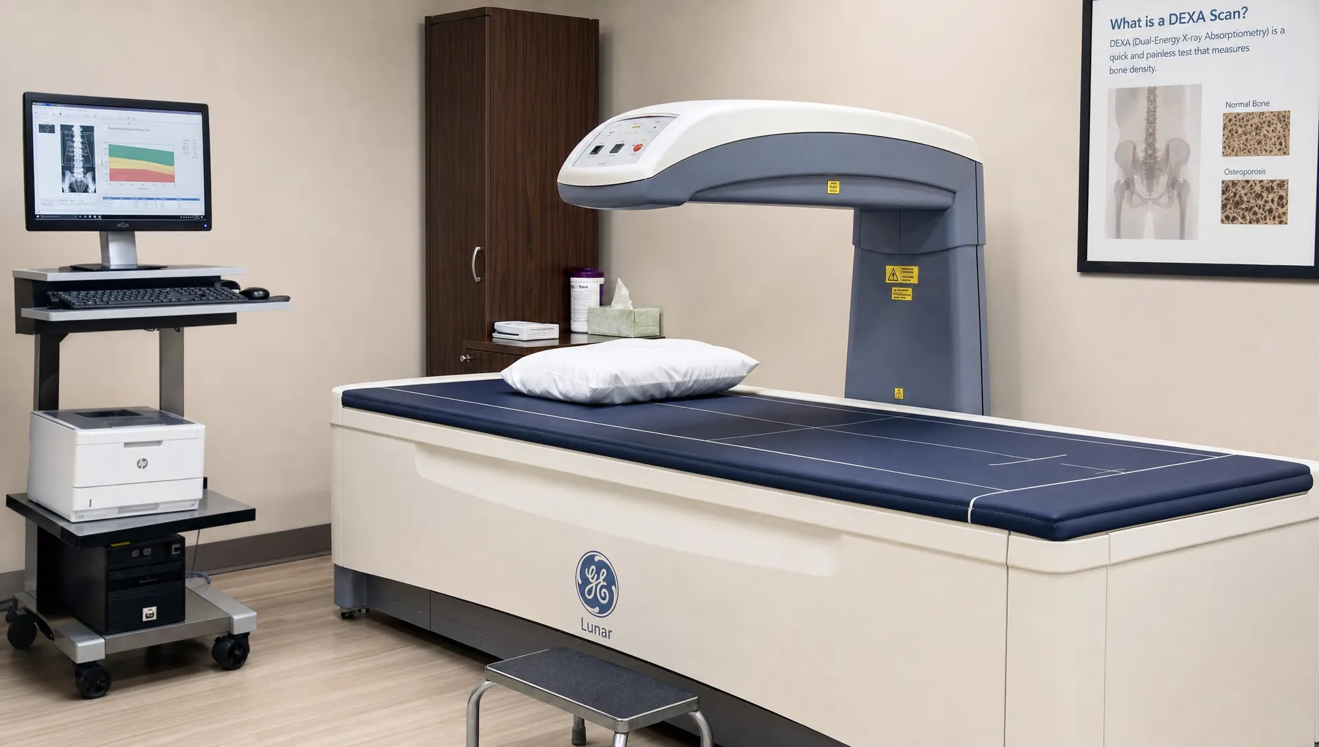 A calm clinical DEXA scan room with a padded scanning table and overhead imaging arm, showing a clean setup used for bone density testing.