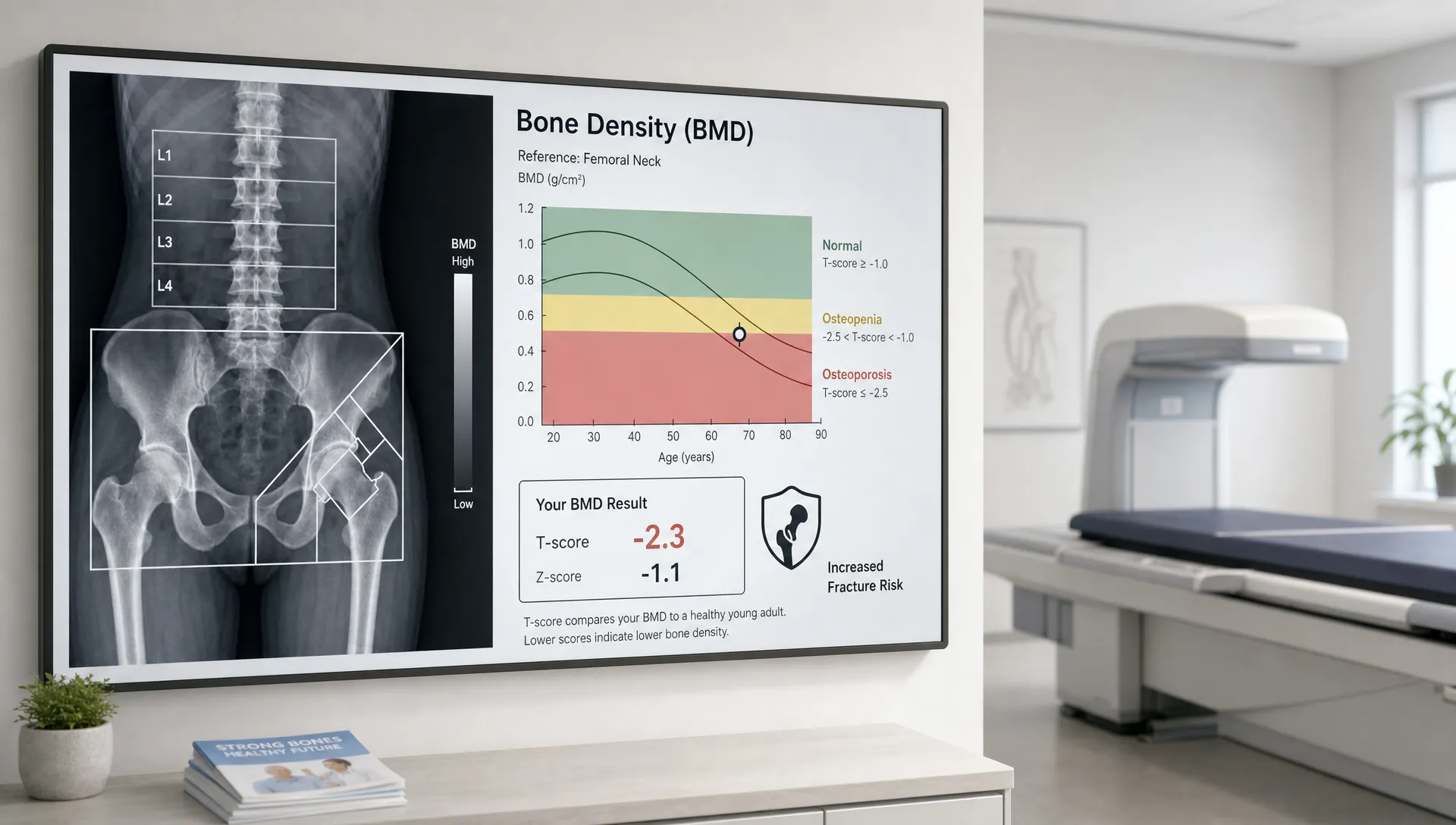 A symbolic medical scene centered on a single bone density measurement concept: a hip-and-spine silhouette overlay beside a clean diagnostic curve and reference range markers, with a subtle scan-table outline receding into the background. No people in frame. The composition should feel like understanding silent bone loss and fracture risk from a BMD scan, with the measurement concept as the clear hero element in a spacious clinical setting.