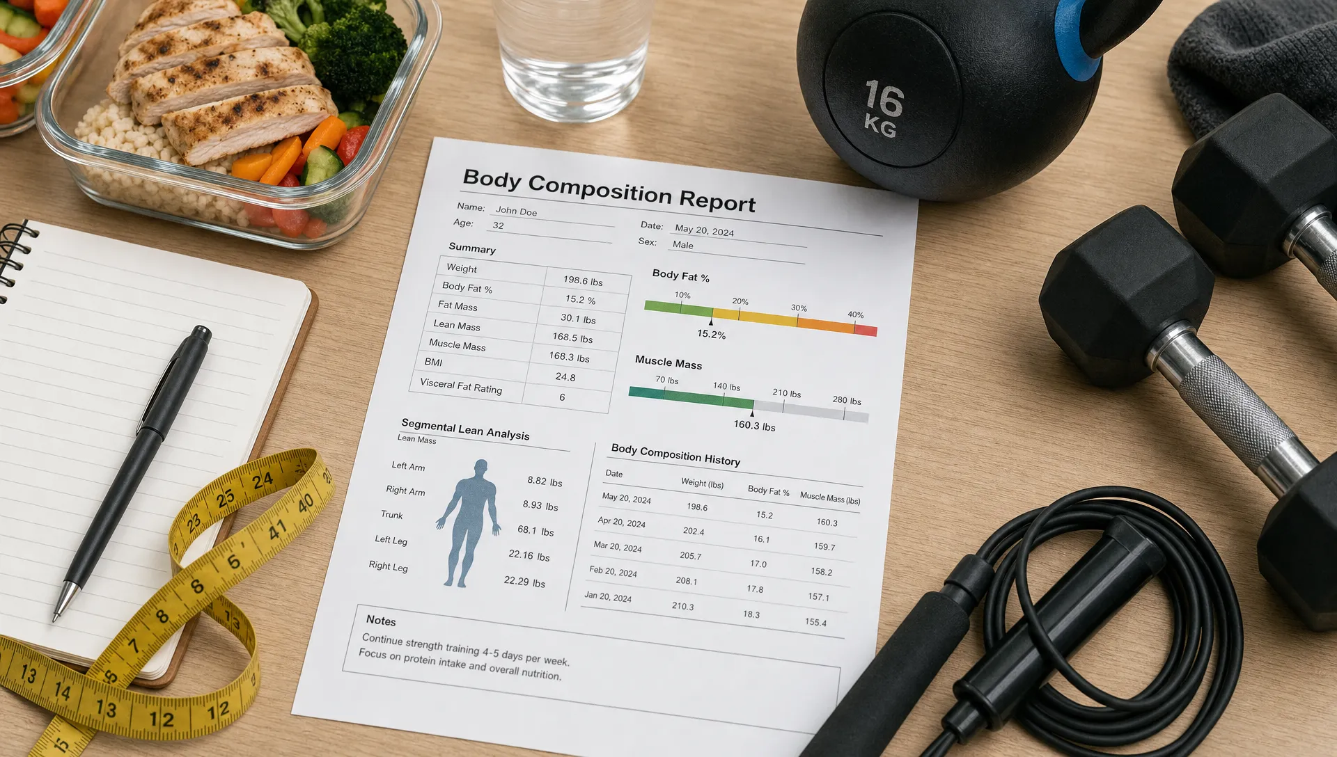 A body composition report lies beside a measuring tape, notebook, meal prep ingredients, and gym gear on a planning desk.