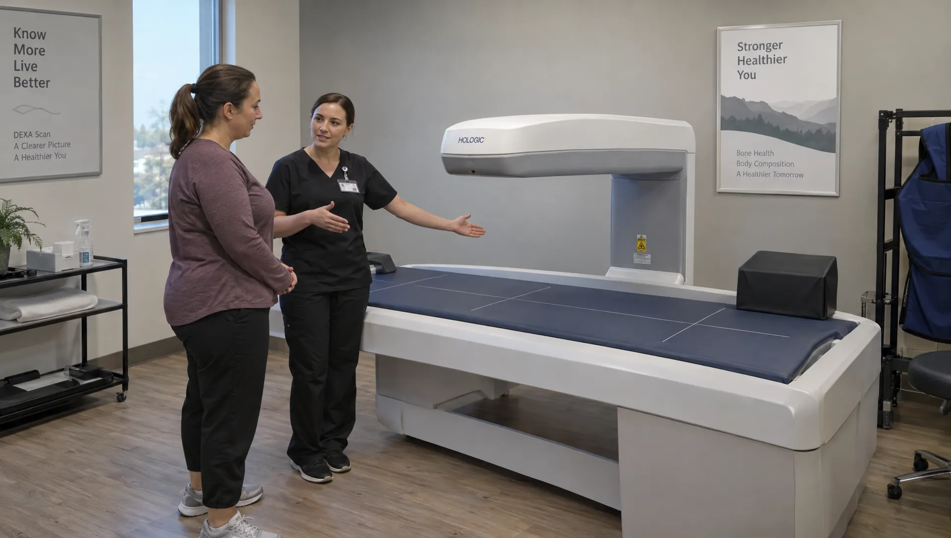 Landscape-format medium-wide scene at eye level in a DEXA scan room: an adult stands beside the padded scanner table as a technician explains the scan setup, gesturing toward the equipment while the client listens. Show both people fully, with the scanner and room layout prominent rather than a report or desk, grounding the topic in a real body-composition assessment.