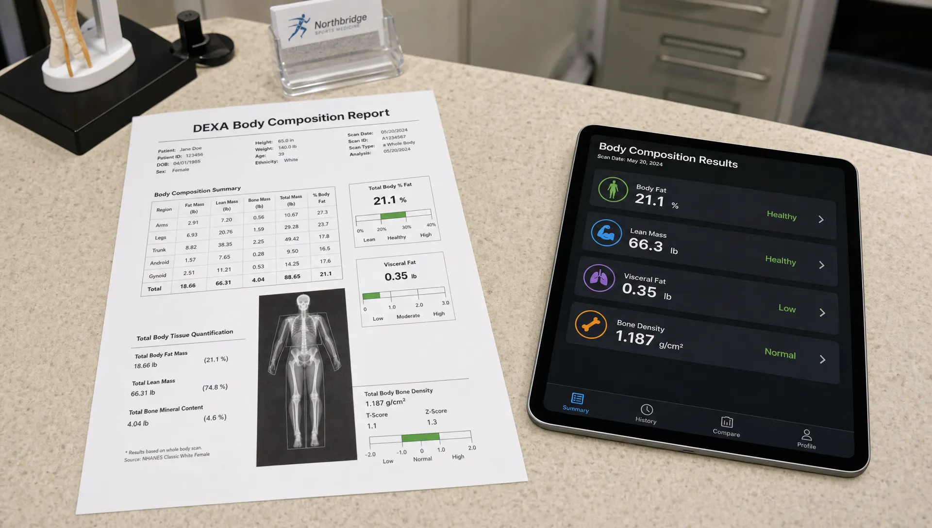 A DEXA body composition report lies on a clinic counter beside a tablet showing body fat, lean mass, visceral fat, and bone density results.