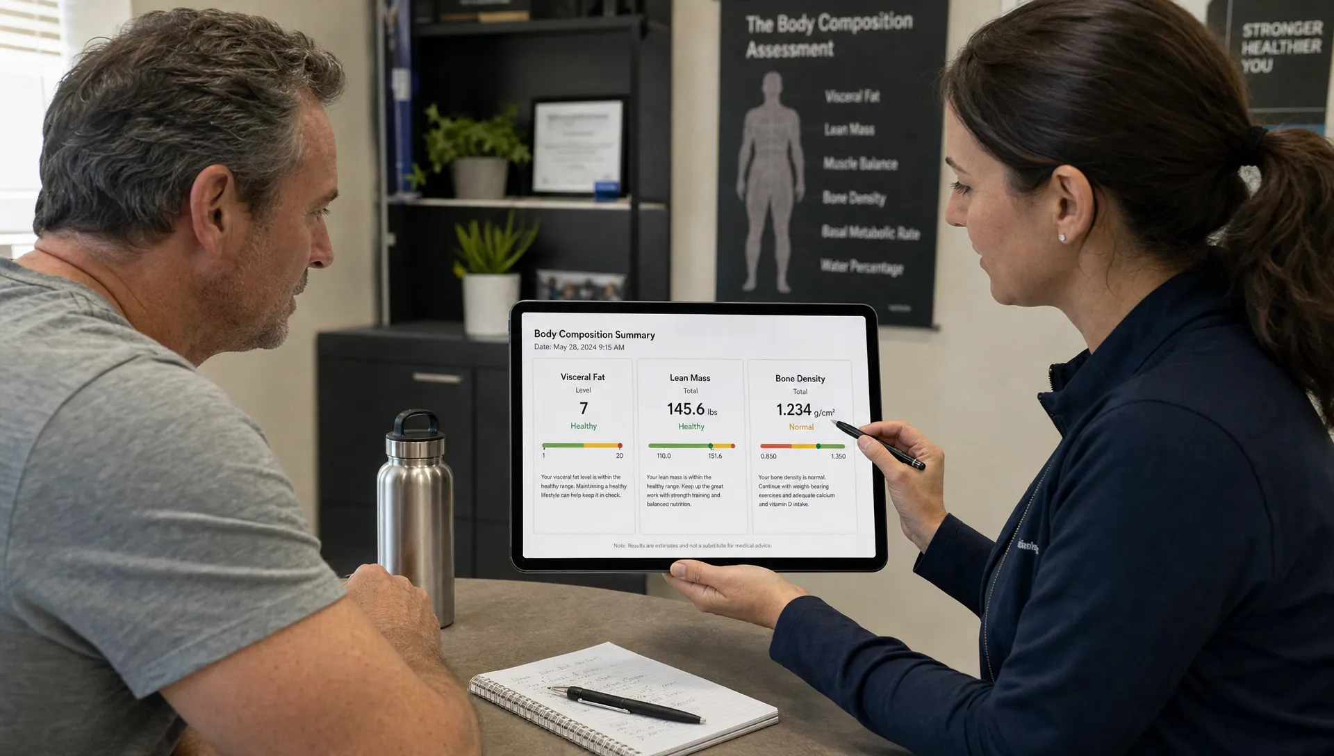 Medium landscape scene in a consultation room where an adult client and a clinician sit across a small table while looking at a tablet held between them, with the screen facing the camera and a body composition summary visible. A notebook, pen, and water bottle sit nearby, and the conversation centers on visceral fat, lean mass, and bone density results.