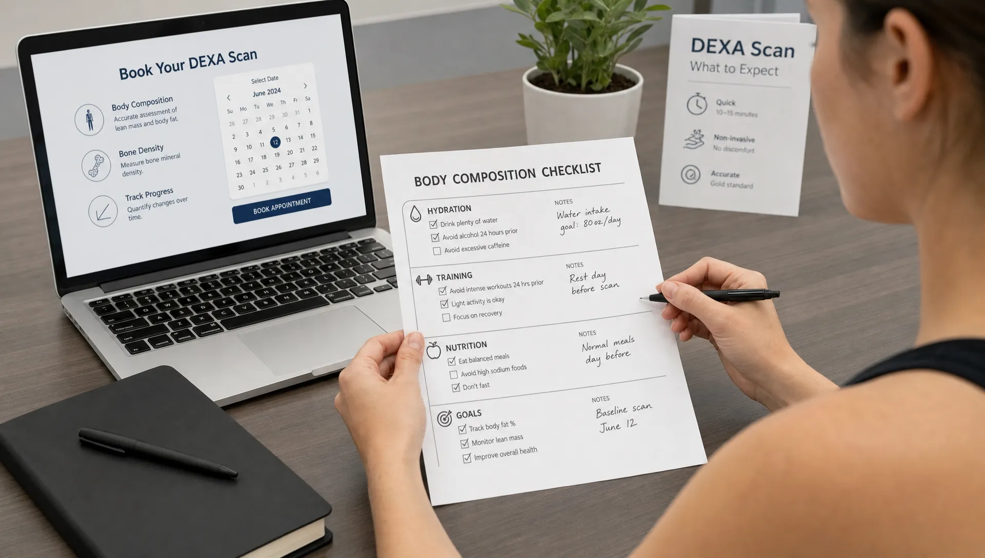 A person reviews a printed body composition checklist with notes about hydration, training, and goals before booking a DEXA scan.