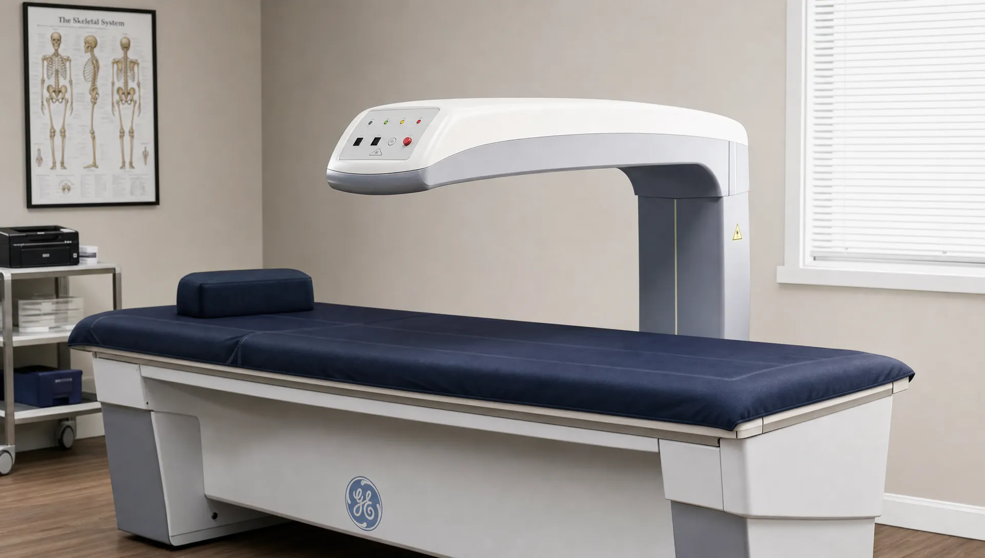 A DEXA scanner sits over a padded exam table in a quiet clinical room ready for a bone density test.