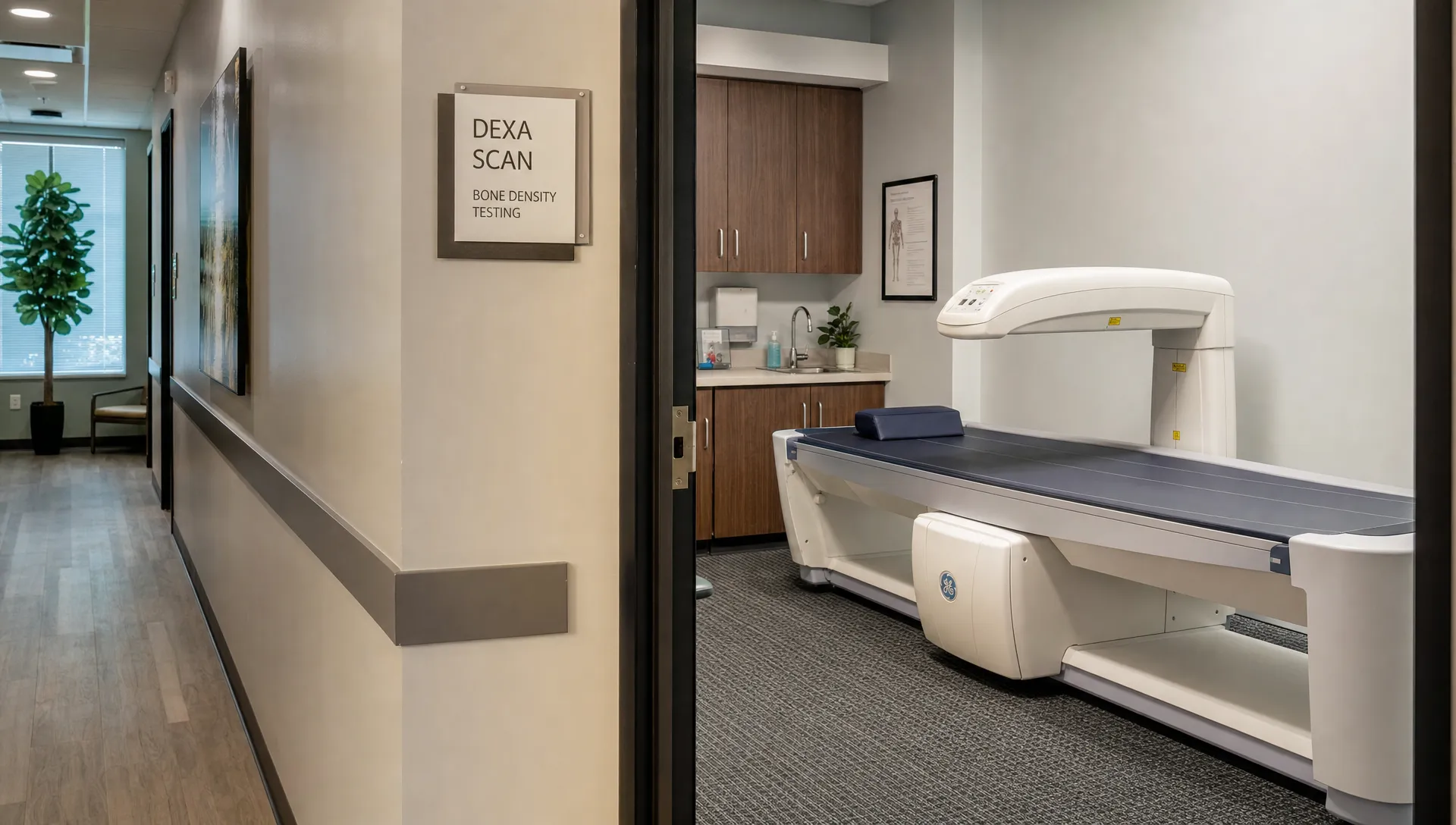 Wide landscape interior of a modern imaging clinic hallway opening into a DEXA scan room, with the padded scan table, scanner arm, and a small preparation area visible deeper in the space. No people in frame; the room layout and equipment establish where a bone density scan happens.