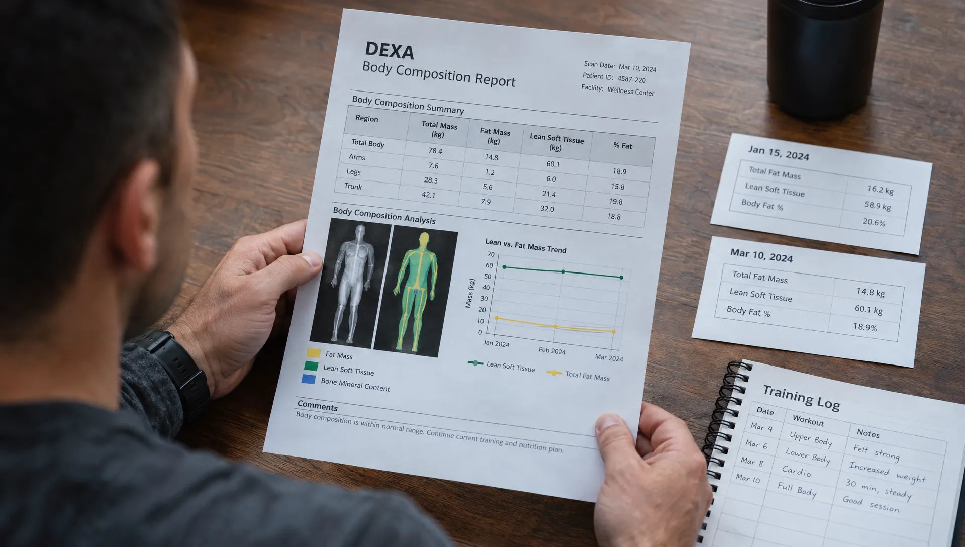 An adult reviews a DEXA composition report beside a training log and two dated summaries, comparing total fat mass with lean soft tissue changes.