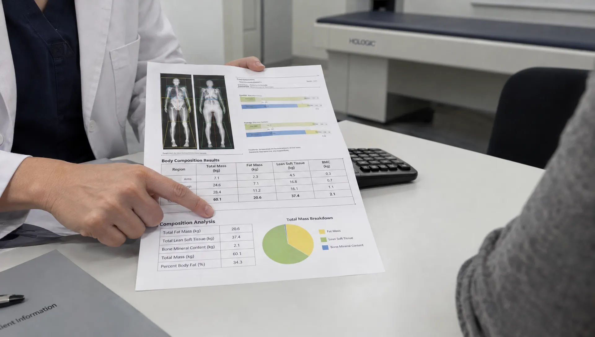 Landscape close-up in a real DEXA clinic consultation room: a clinician's hand points to the total fat mass and lean soft tissue rows on a printed body composition report, with a calculator and the edge of a chair visible on the table. The report is being actively reviewed, not isolated, and the figures are legible but contain no added headline text.