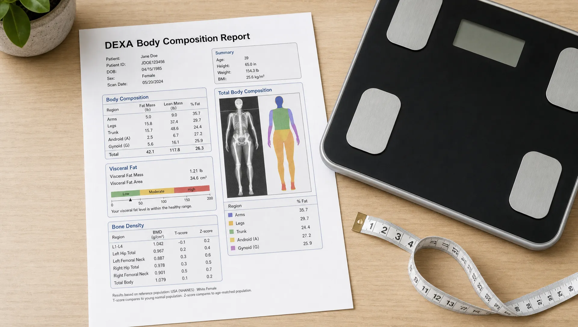 A DEXA body composition report sits beside a scale and measuring tape, with fat mass, lean mass, visceral fat, and bone density sections visible.