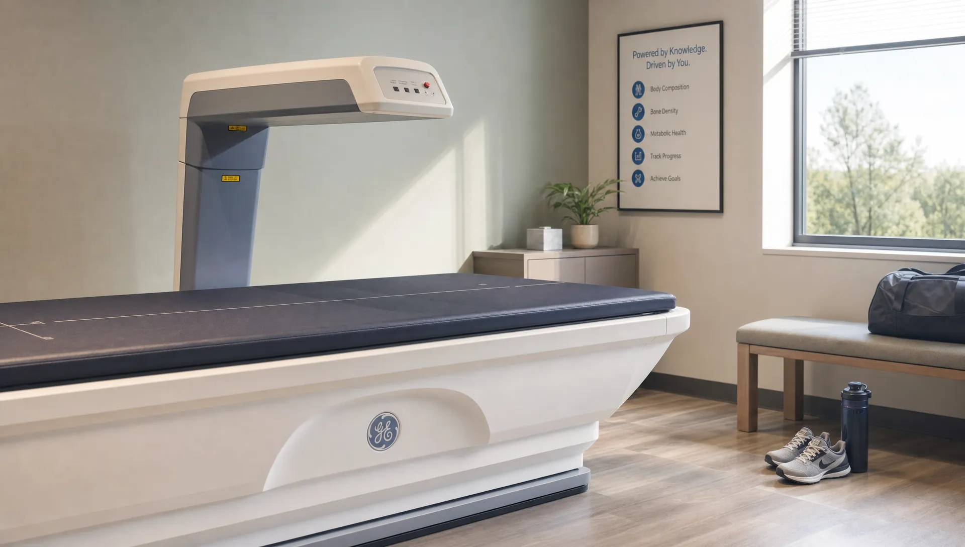 A calm DEXA scan room with the scanner table in the foreground, a wall-mounted scanner arm beside it, and athletic shoes with a water bottle near a bench suggesting health tracking and performance goals.