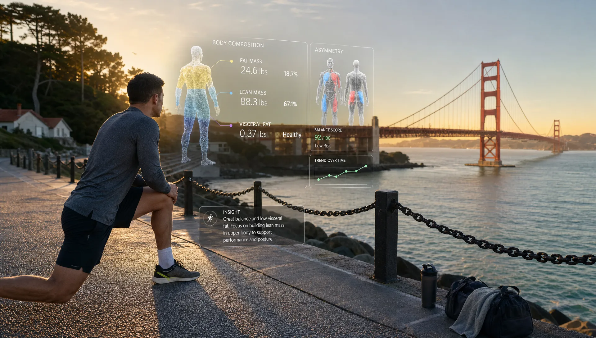 A landscape scene of a runner preparing on a quiet San Francisco waterfront path at sunrise, with a subtle body composition overlay concept showing fat mass, lean mass, visceral fat, and asymmetry as clear measurement cues in the air beside the route. No people at a desk, no clinic room, and no report layout. The image should feel like using DEXA data to guide performance, fat loss, and long-term health in a real-world fitness setting.