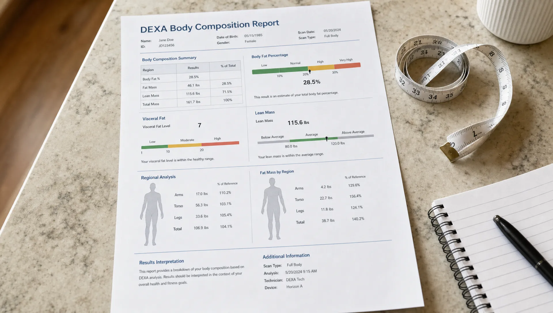 A printed DEXA body composition report on a kitchen table with sections for body fat percentage, fat mass, lean mass, visceral fat, and regional analysis, beside a measuring tape and a notebook.