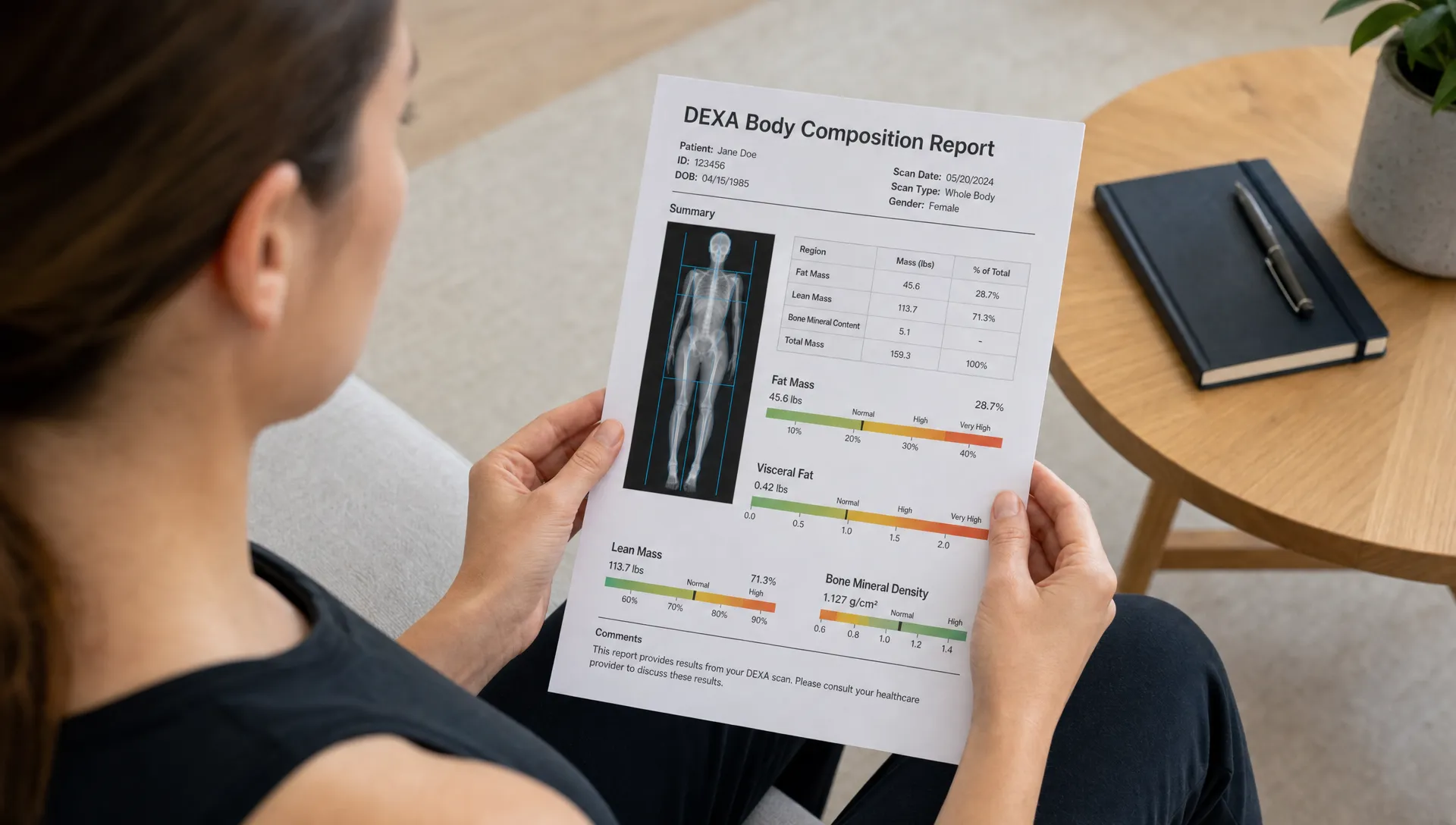 A person reviews a DEXA body composition report with fat mass, lean mass, visceral fat, and bone density sections visible.