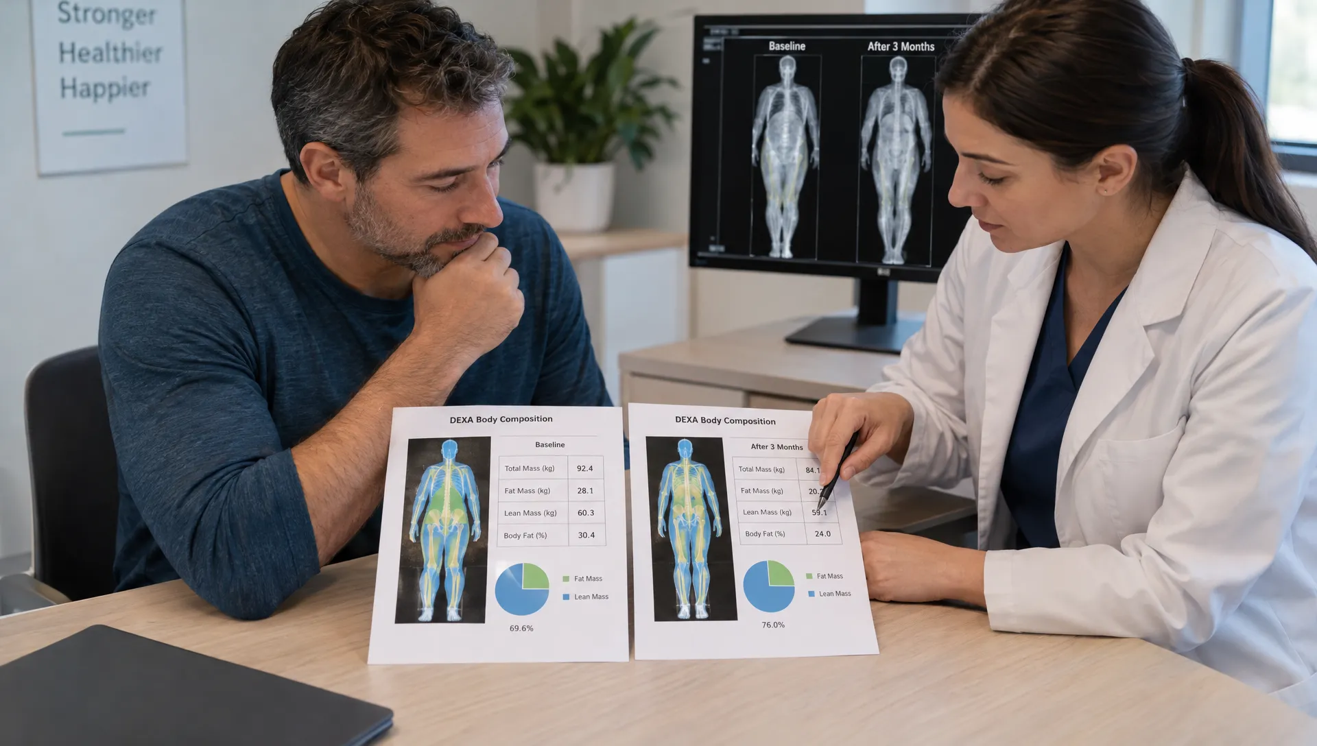 An adult reviews two DEXA reports with a qualified professional at a consultation table, comparing fat mass and lean tissue measurements during weight loss.