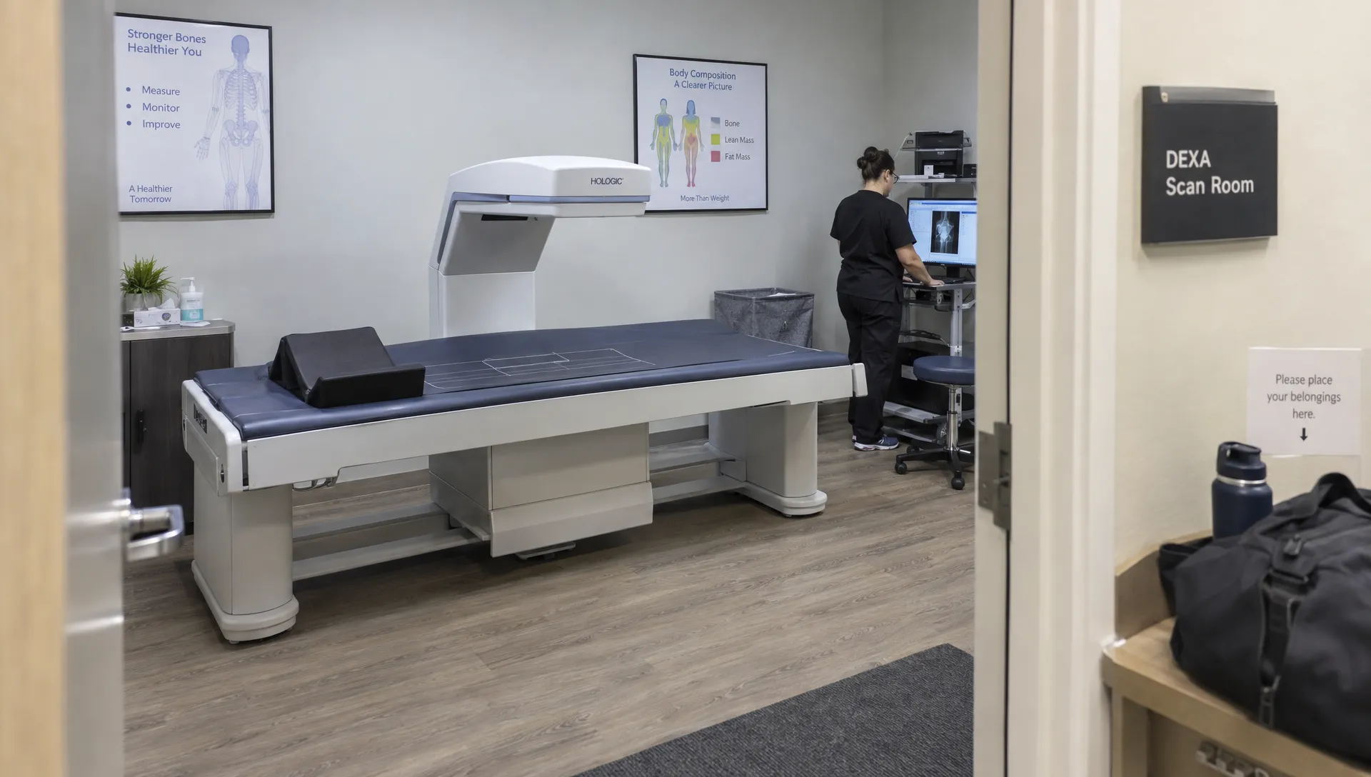 Landscape wide view into a DEXA scan room from its open doorway, with the scanner and padded table occupying the central space and a technician preparing the room near the console. Include the full room layout, positioning guides and a small side station for belongings; keep people secondary to the real setting where body composition is measured.