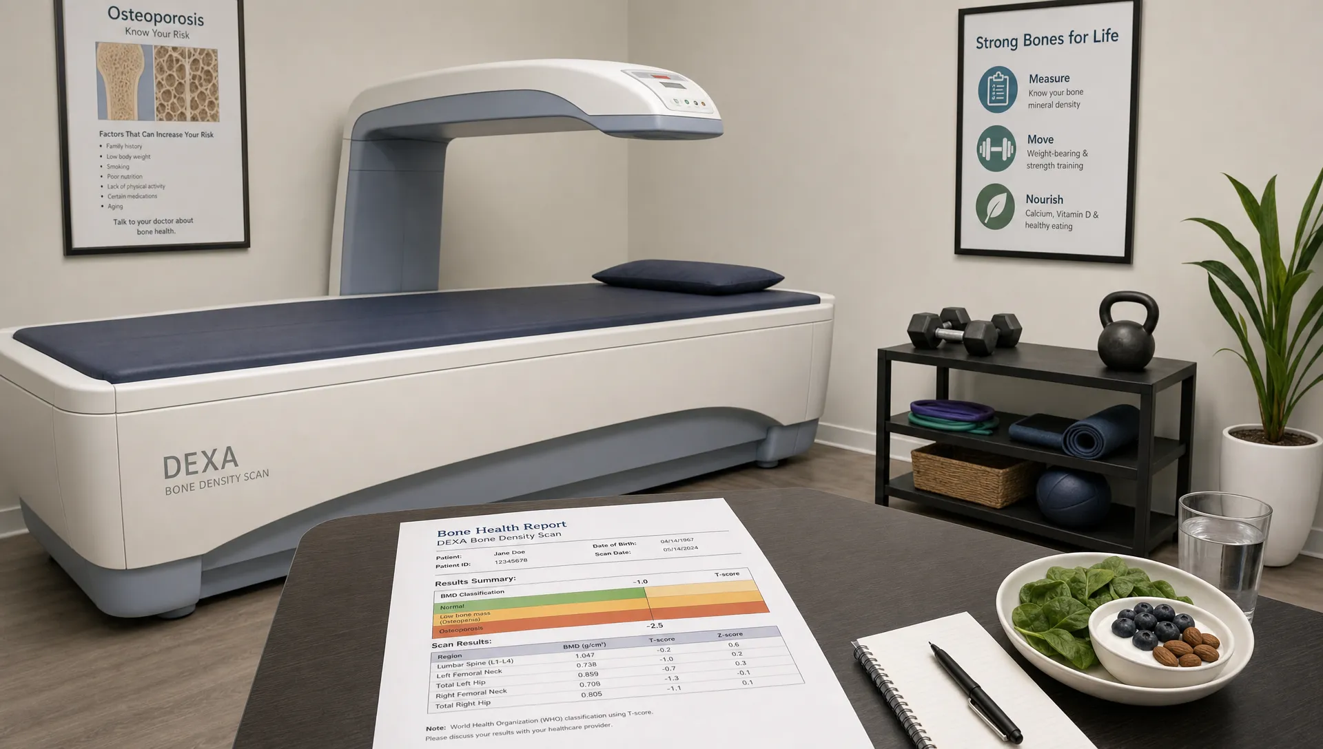 A quiet DEXA scan room with a padded exam table beneath the scanner arm, a printed bone health report on a nearby desk, and simple exercise equipment suggesting prevention through measurement, strength training, and nutrition.